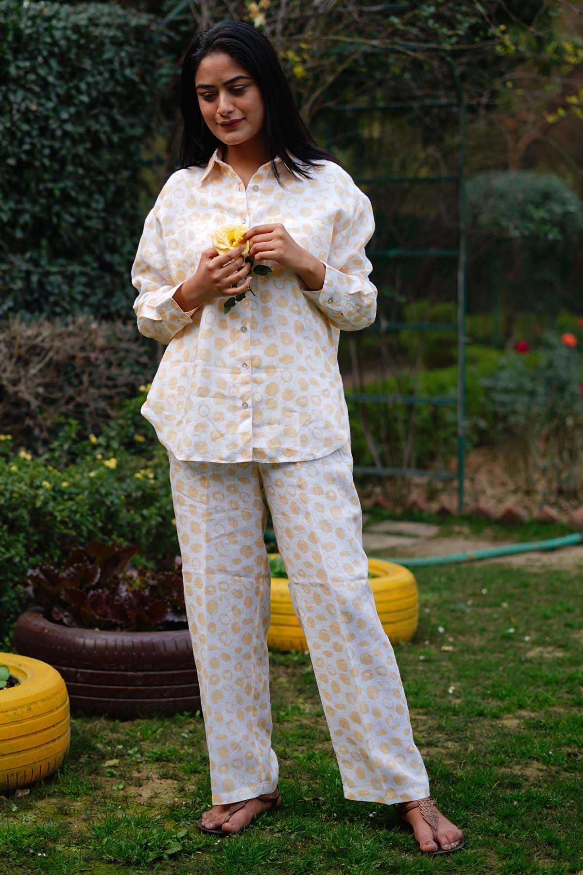 Designer Linen Bloom Yellow Linen Shirt with Polka-Dot Charm For Women Online at ScrollnShops