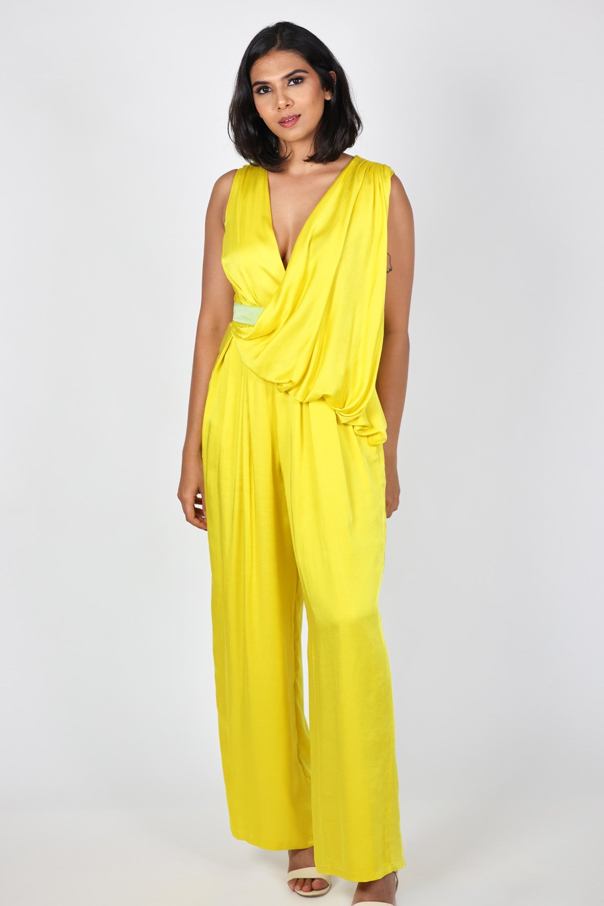 Arya Giri Yellow Drape Sleeveless Jumpsuit for women online at ScrollnShops