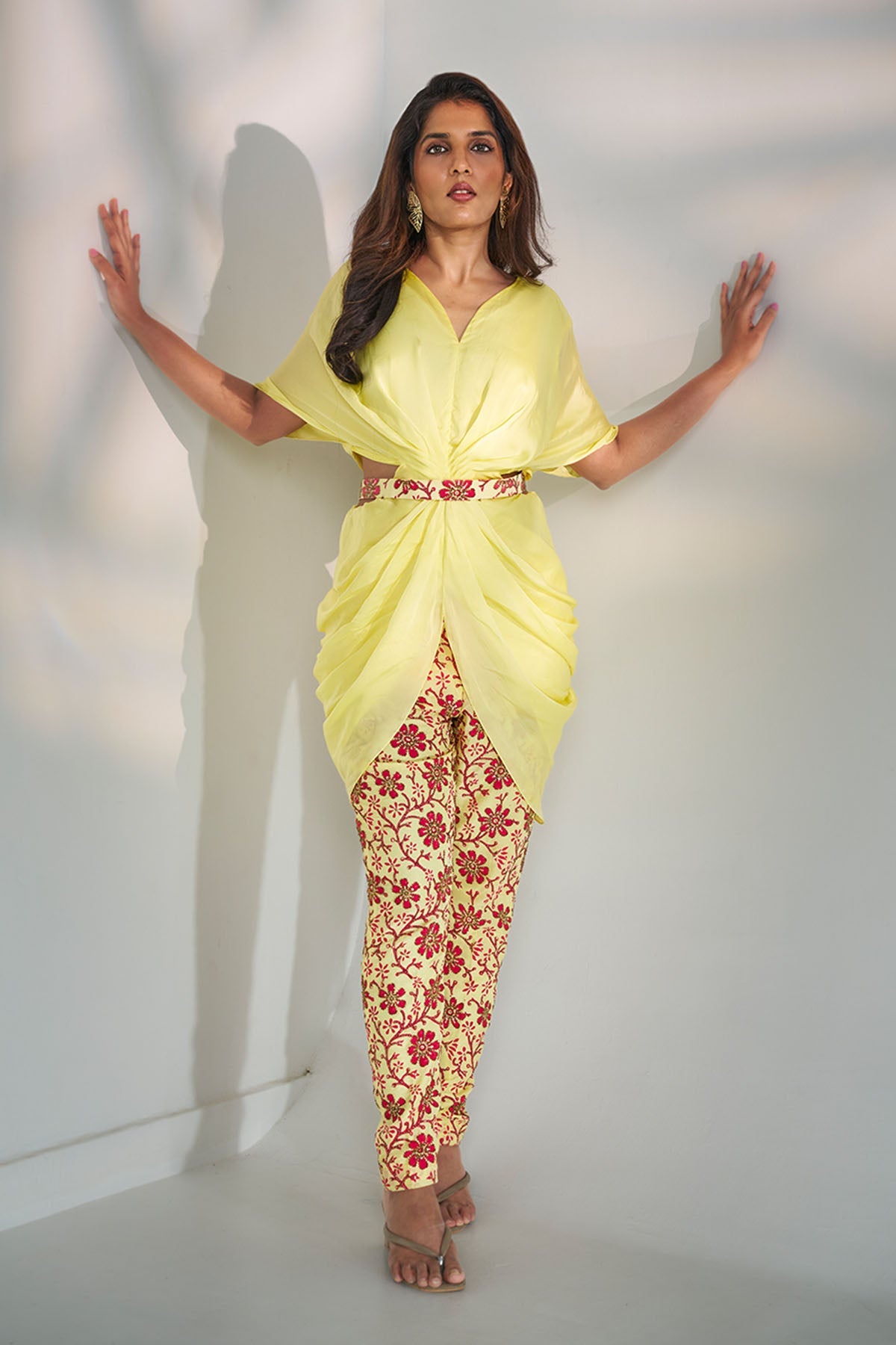 Buy Yellow Draped Indo-Western Set for women by Ricka Gauba online available at scrollnshops