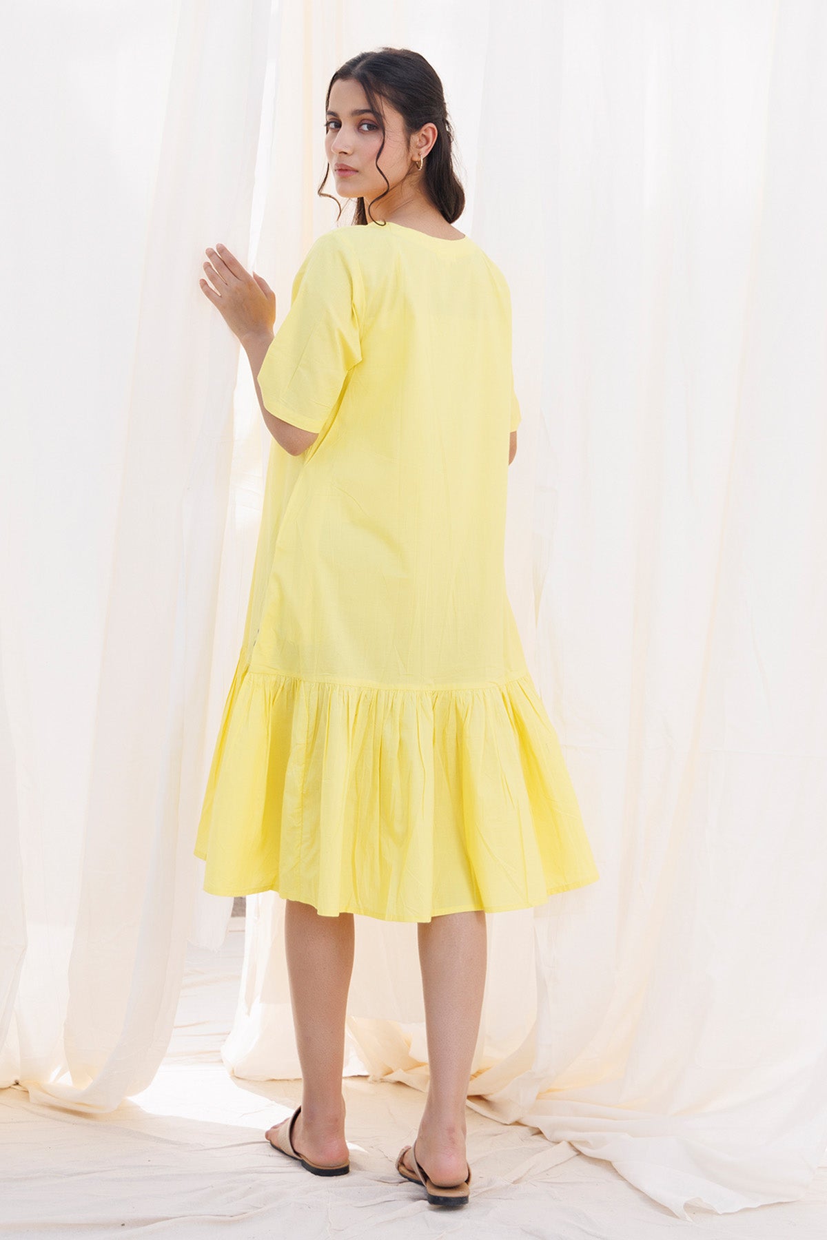 Yellow Elbow Sleeves Frill Dress