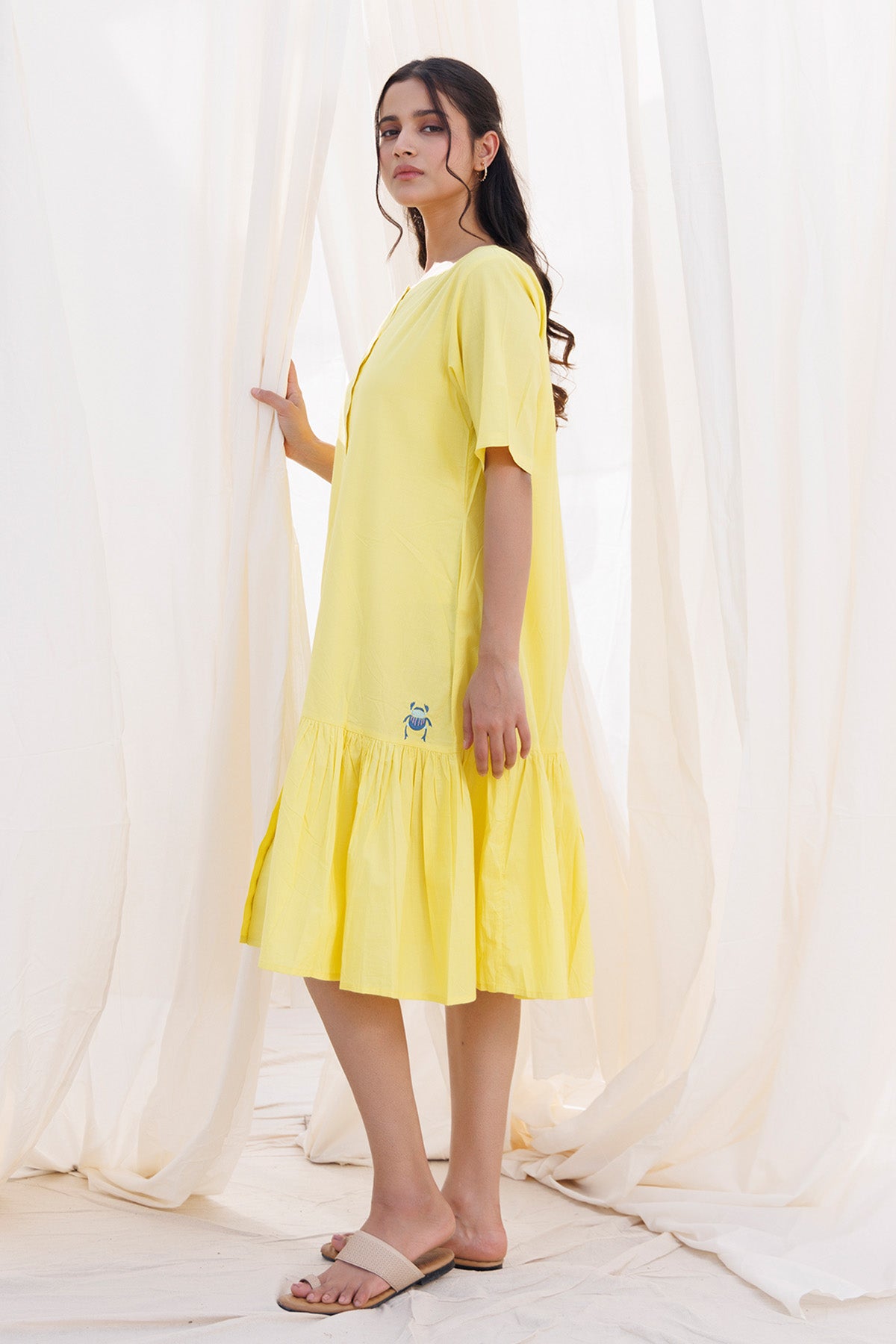 Yellow Elbow Sleeves Frill Dress