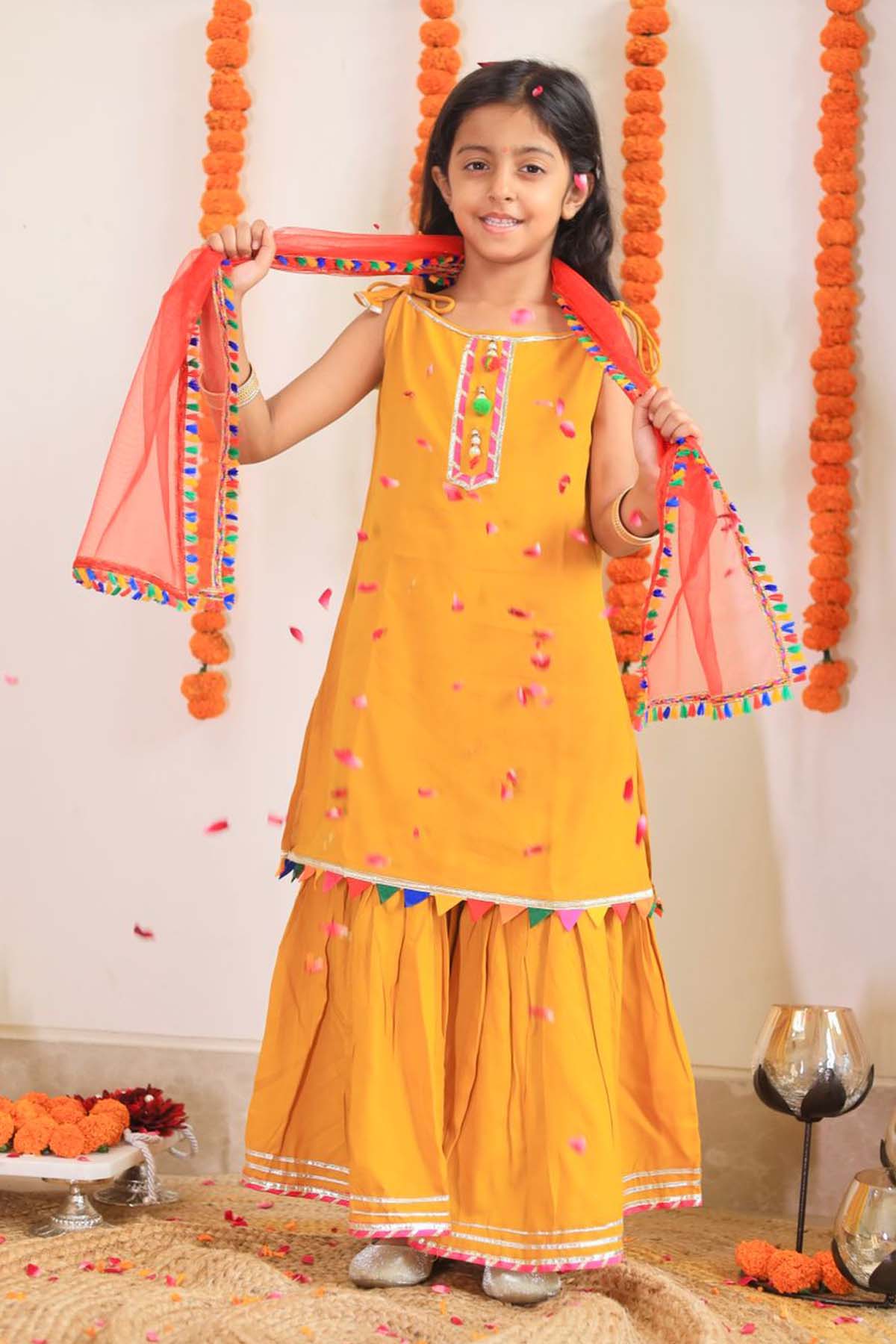 Designer ViYa Yellow Embellished Kurta & Sharara Set For Kids Available online at ScrollnShops