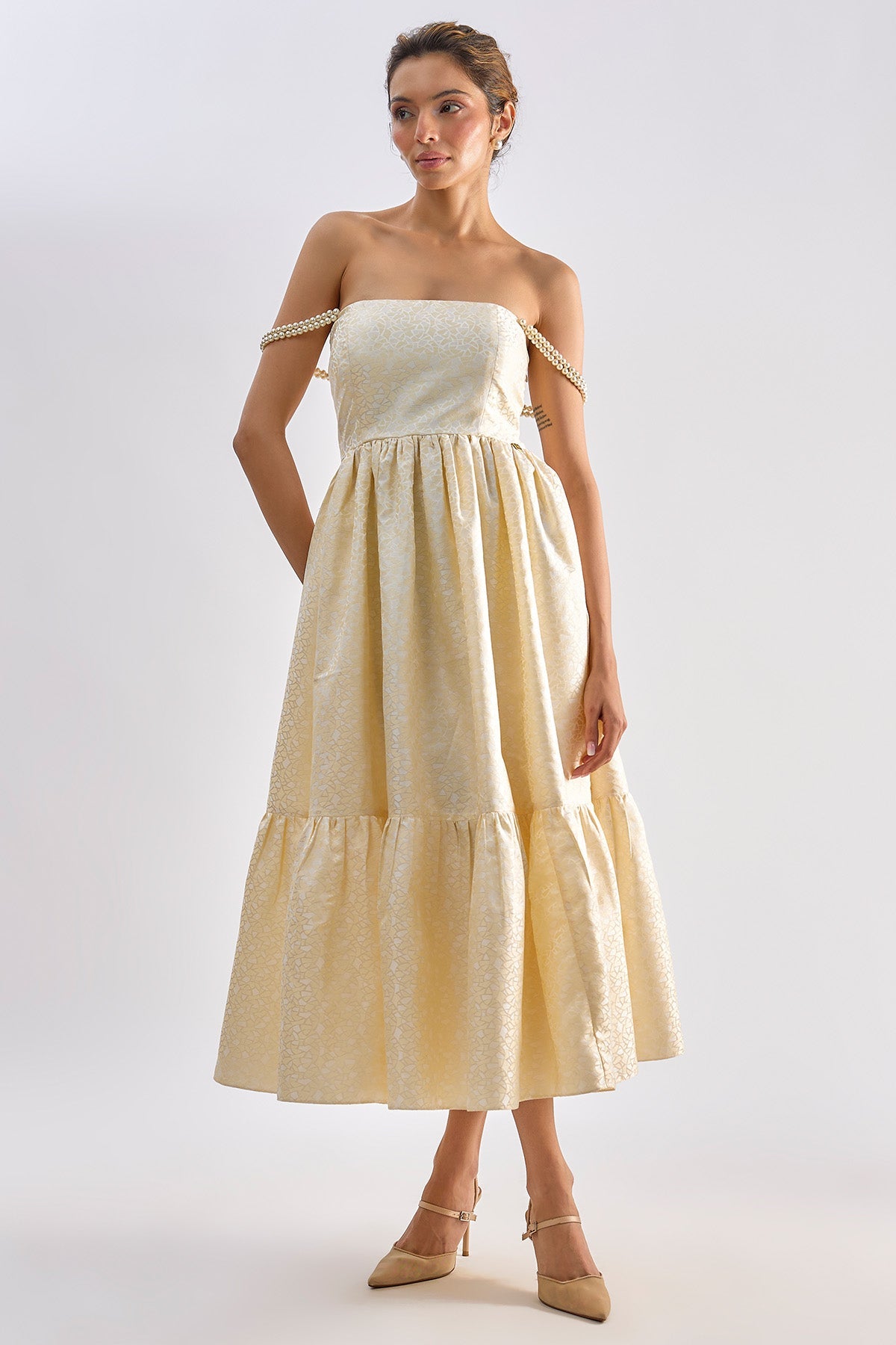 Buy Yellow Embellished Midi Dress for women by Emblaze online available at scrollnshops