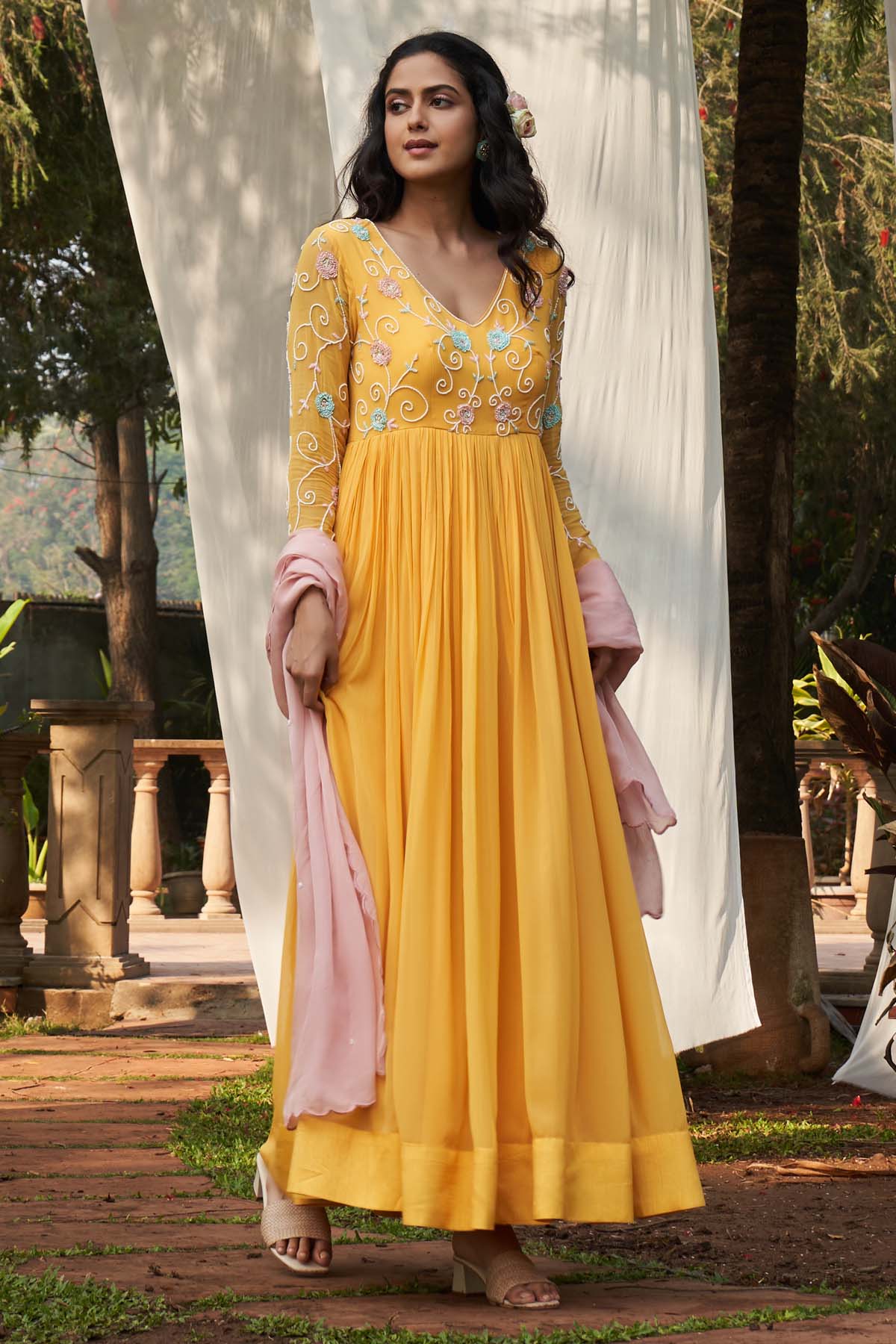 Megha Pitti Yellow Embroidered Anarkali Set for women online at ScrollnShops