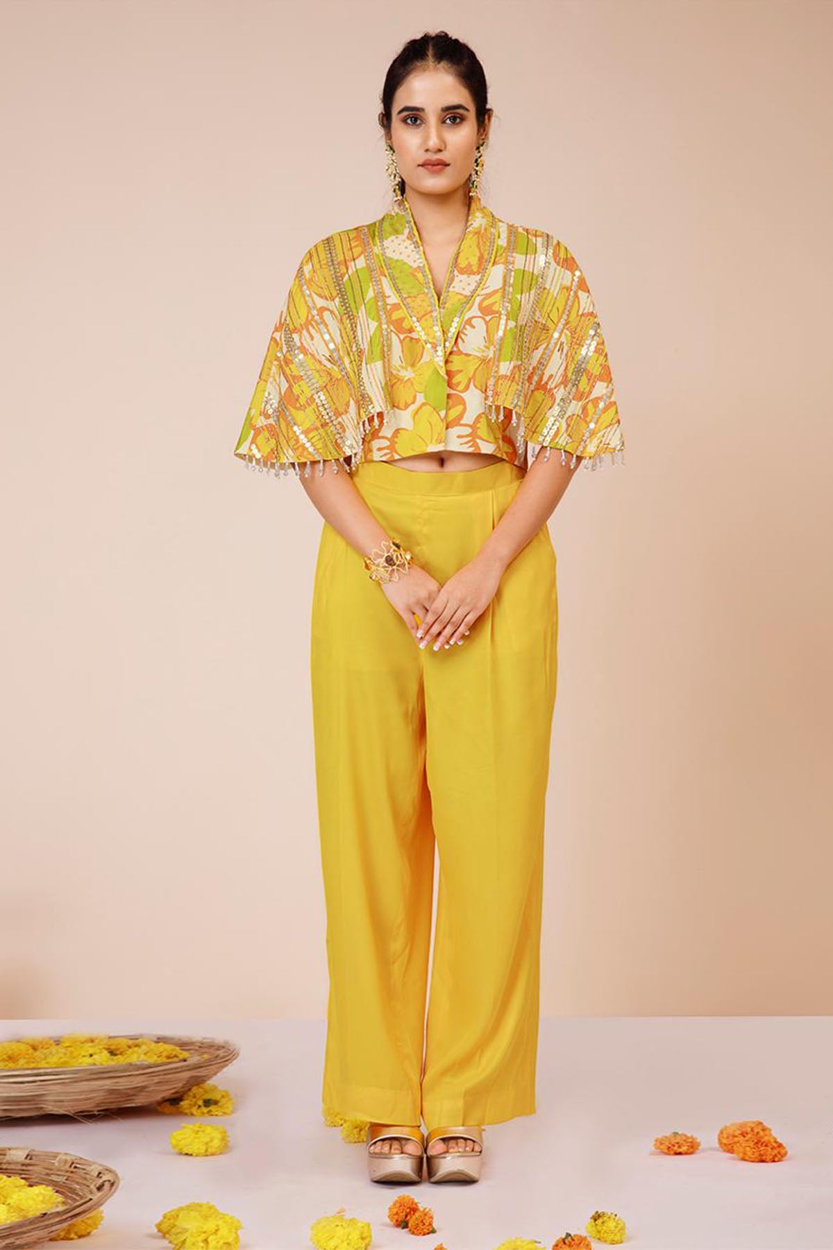 Yellow Embroidered Blazer Set