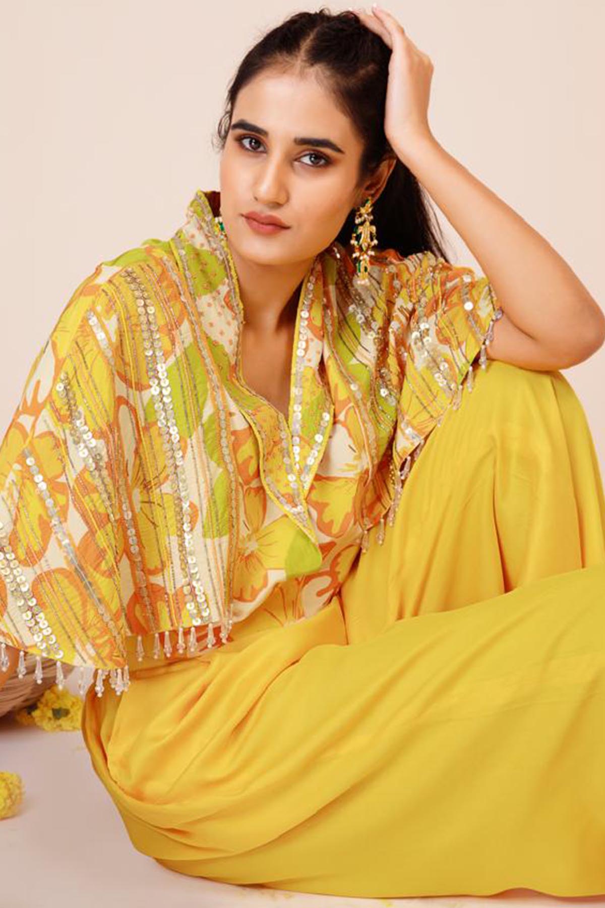 Yellow Embroidered Blazer Set