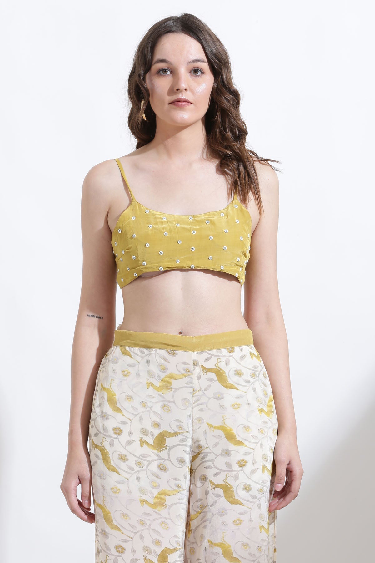 Designer Kusmi Golden Sunshine: Hand-Embroidered Crepe Bralette For Women at ScrollnShops