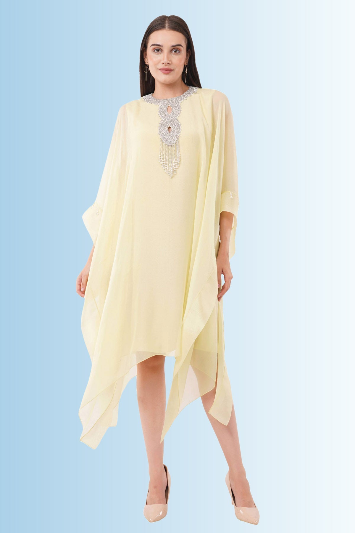 Anjali Kanwar Yellow Embroidered Breezy Kaftan for women online at ScrollnShops