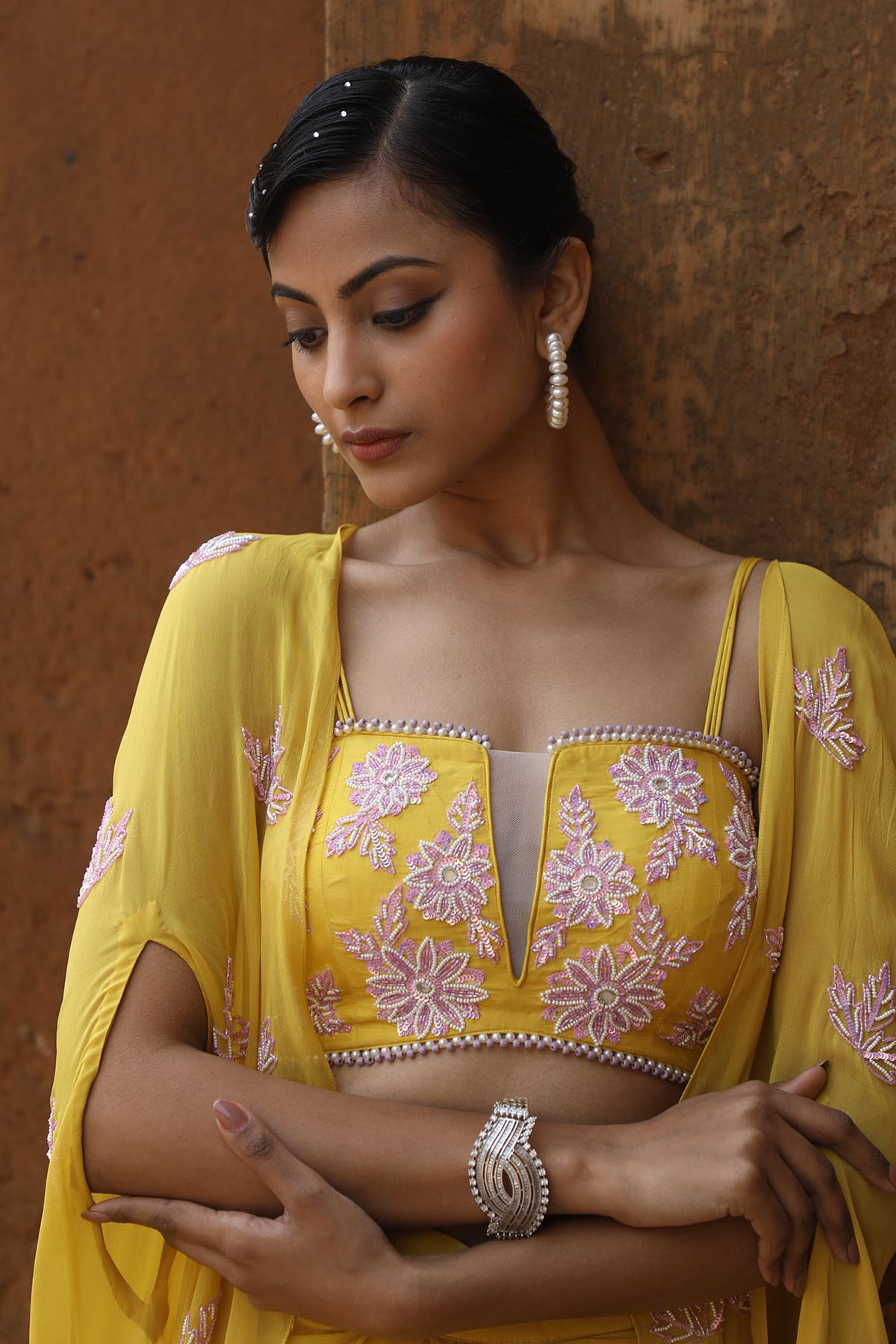 Yellow Embroidered Cape Set