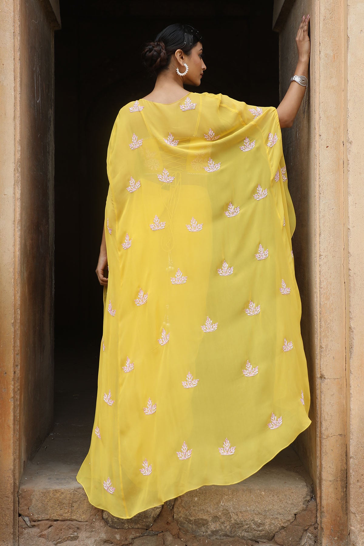 Yellow Embroidered Cape Set