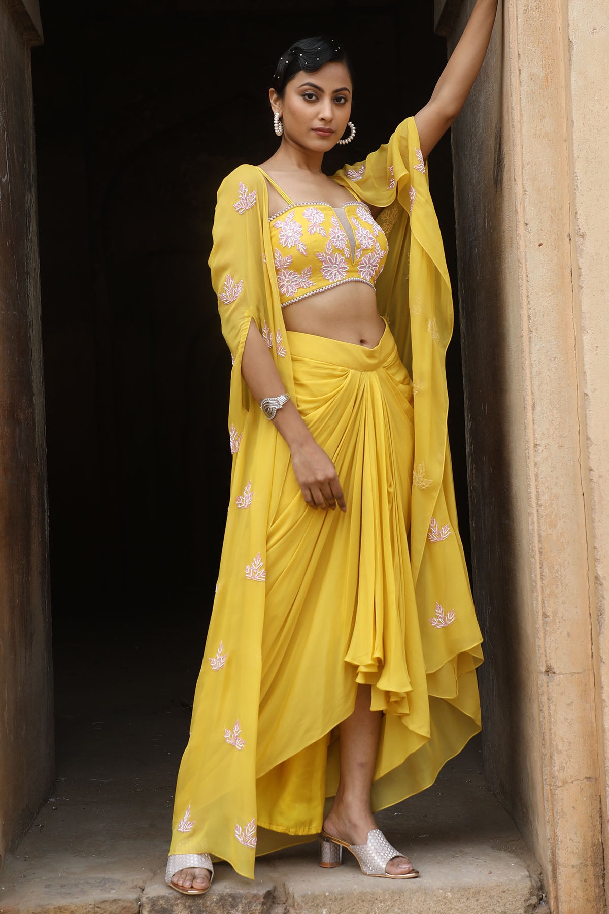 Yellow Embroidered Cape Set
