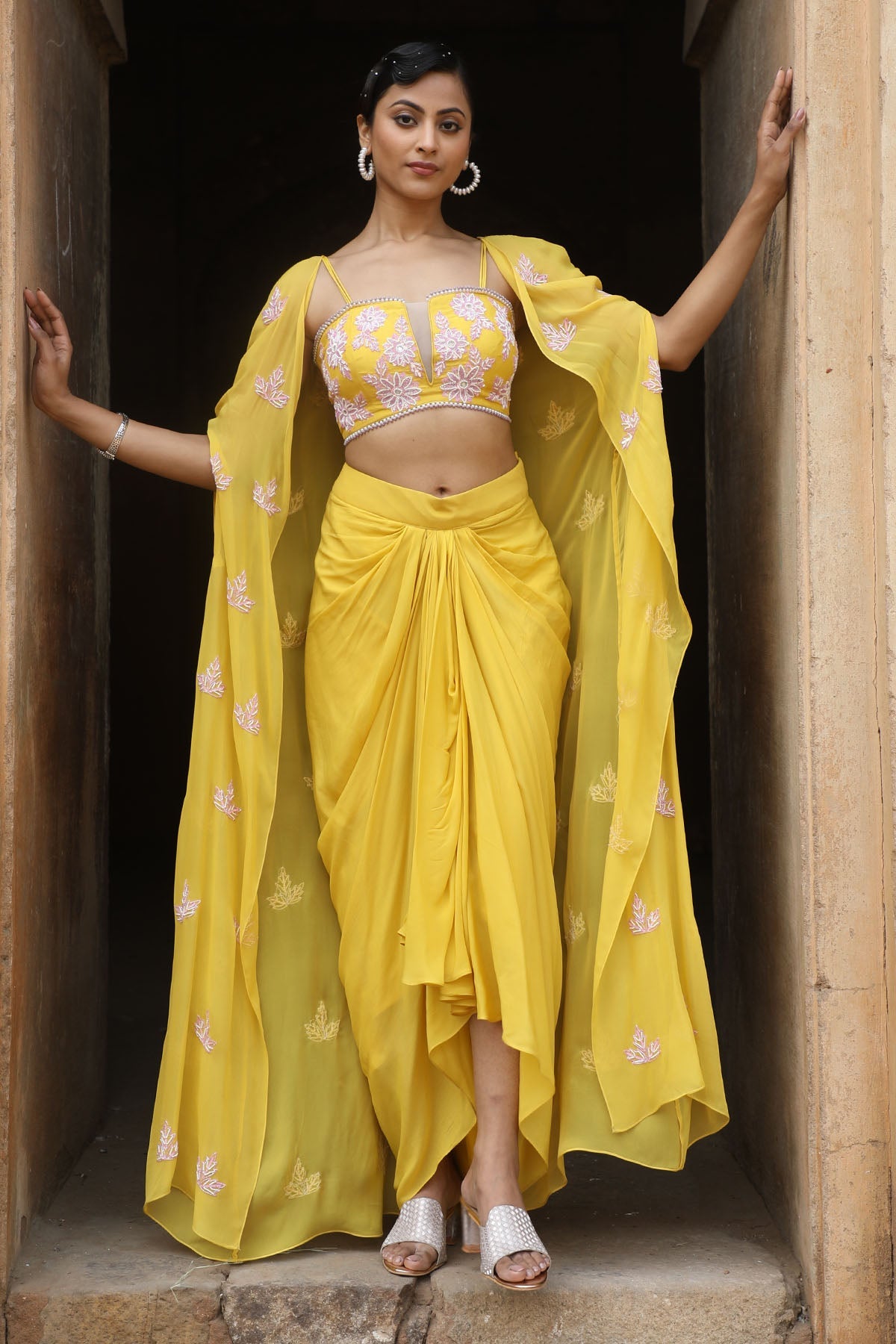 Buy Yellow Embroidered Cape Set by Nitisha Kashyap for women online at ScrollnShops