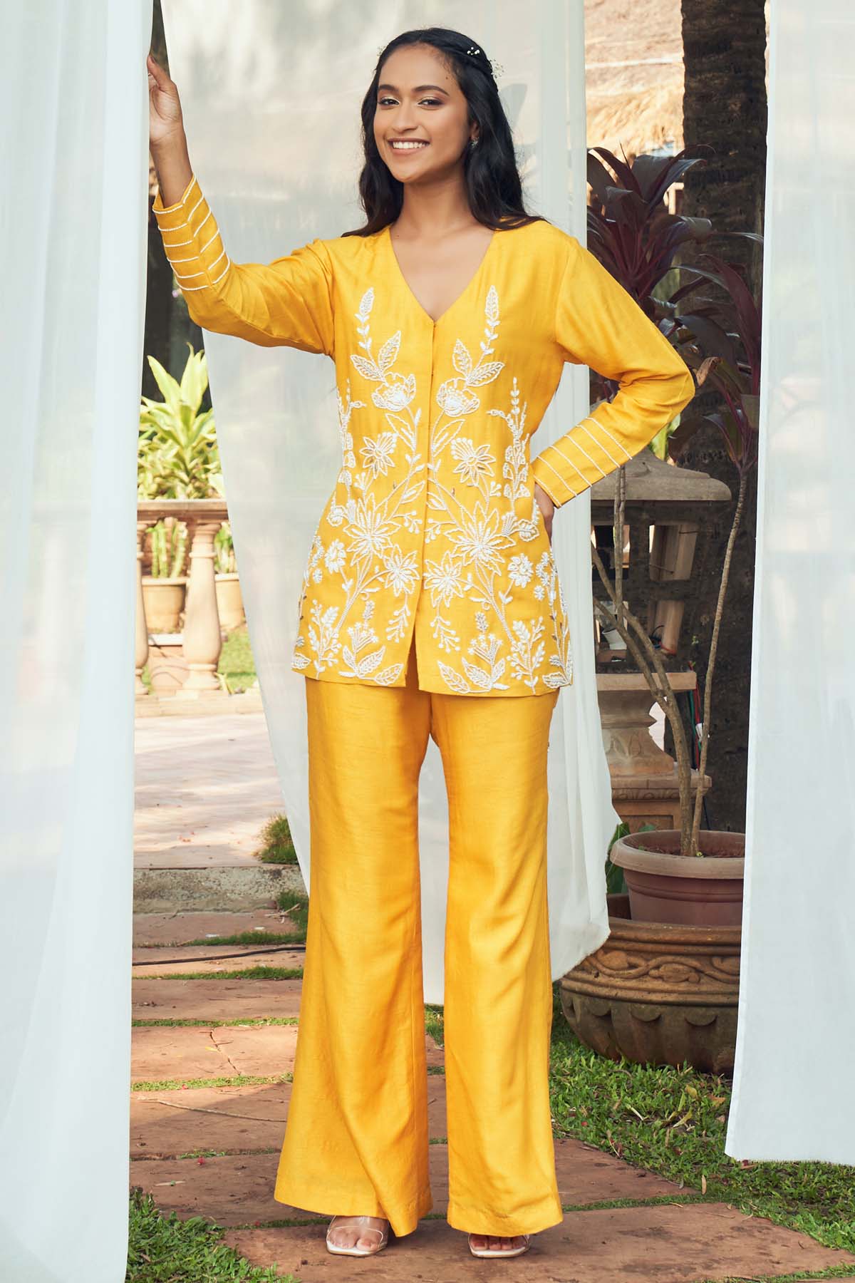 Megha Pitti Yellow Embroidered Co-ord Set for women online at ScrollnShops