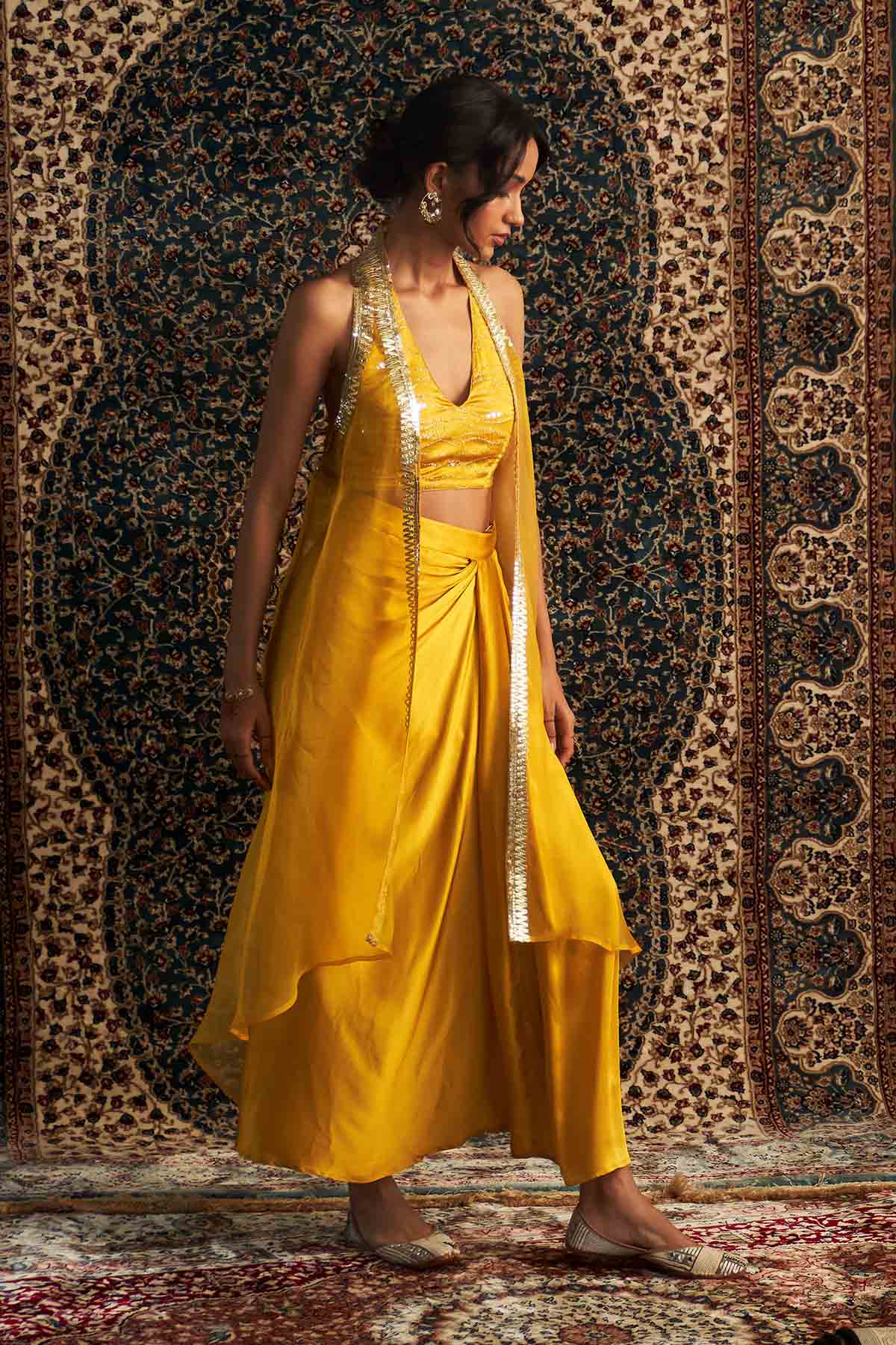 Yellow Embroidered Jacket Set