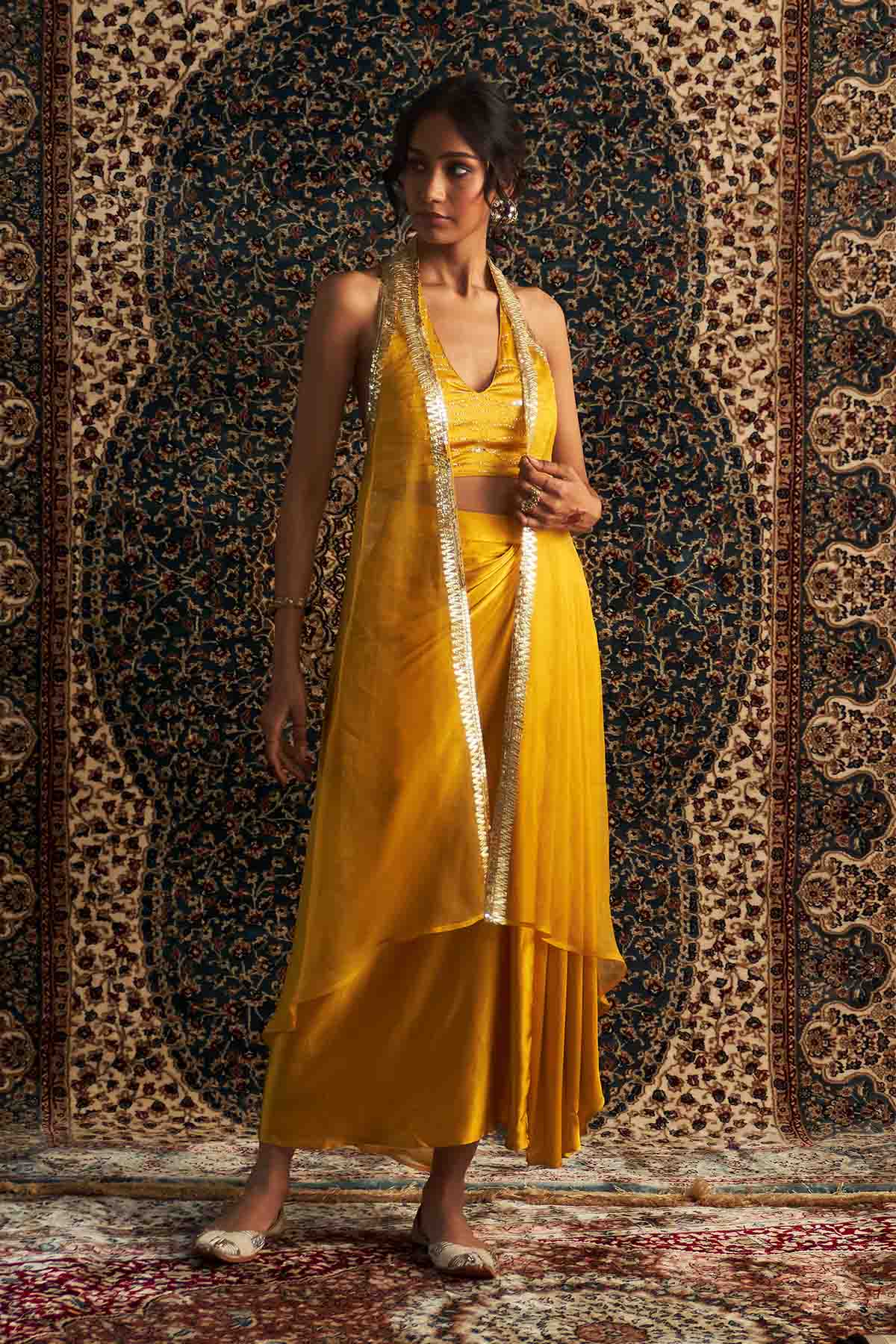 Yellow Embroidered Jacket Set