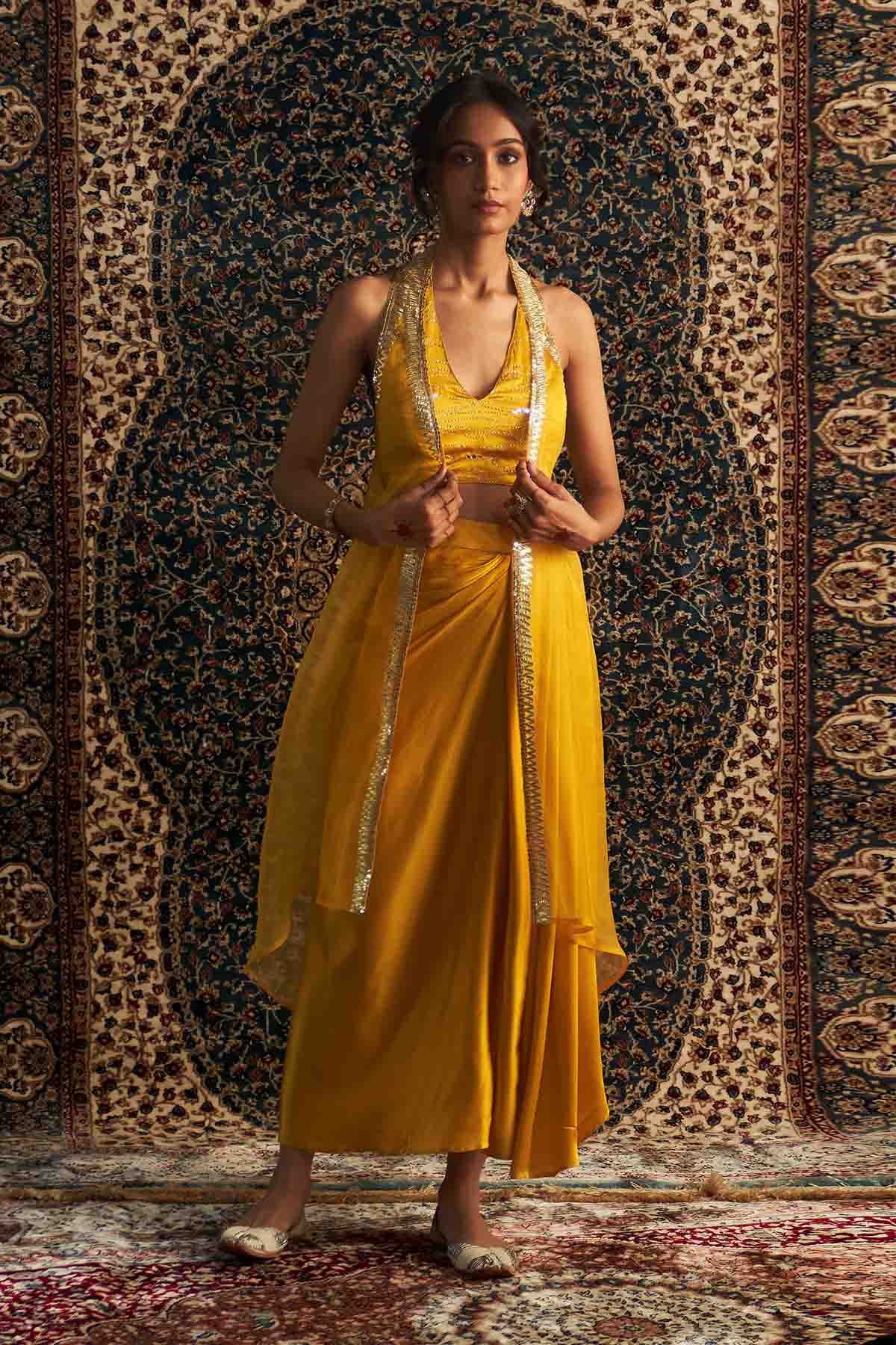 Buy Yellow Embroidered Jacket Set Online