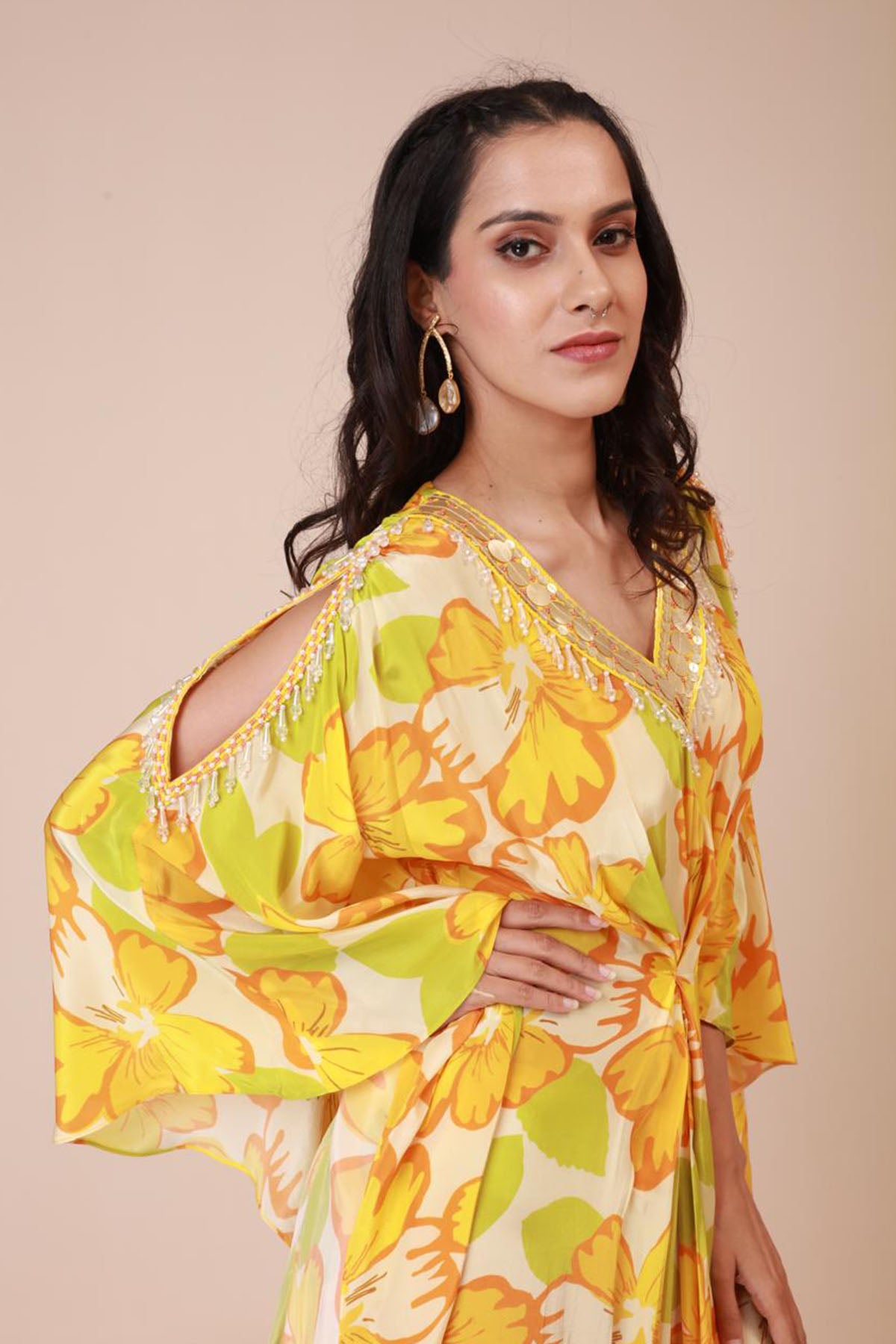 Yellow Embroidered Kaftan Dress