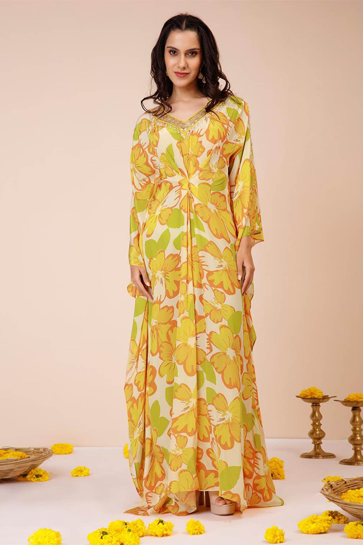 Yellow Embroidered Kaftan Dress