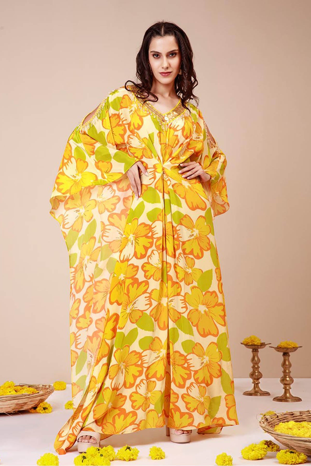 Buy Yellow Embroidered Kaftan Dress by Niyami for women online at ScrollnShops