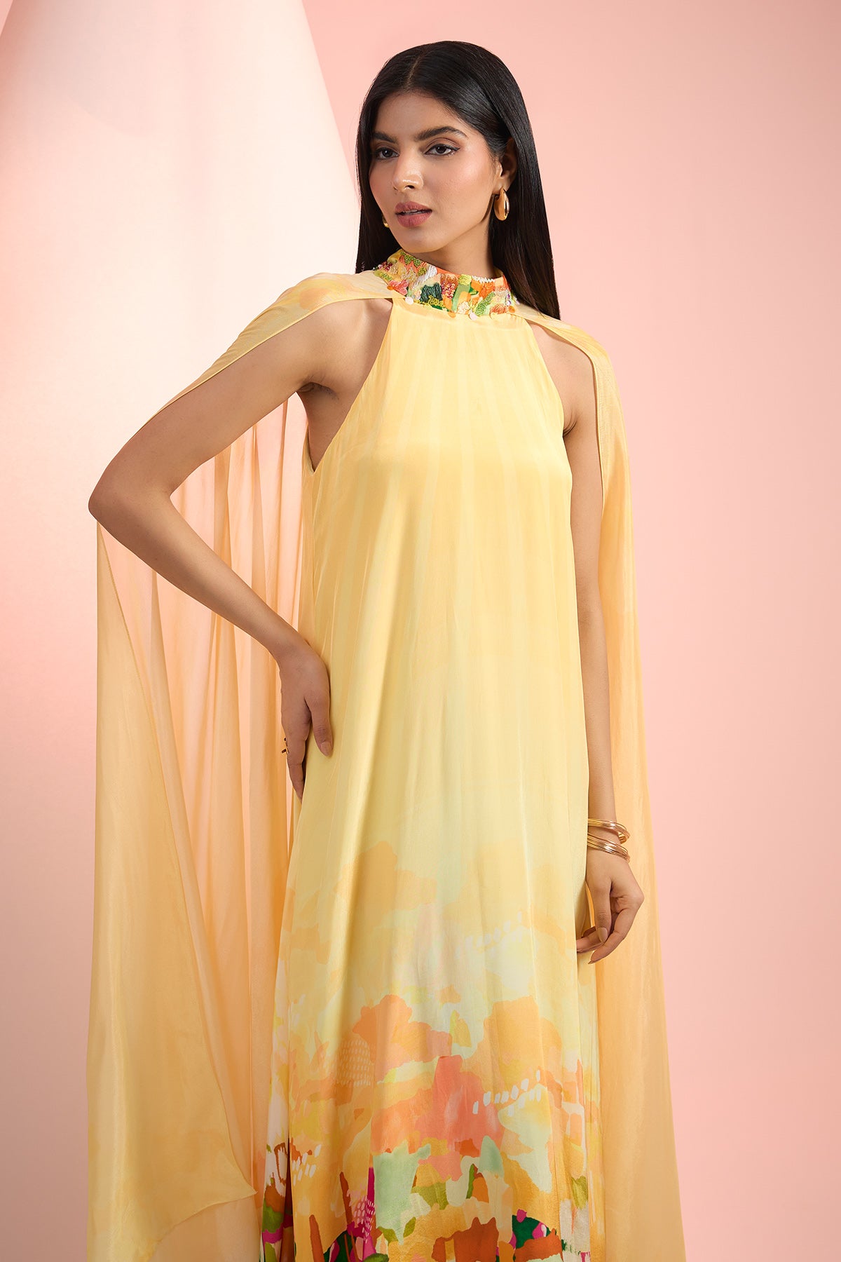 Yellow Embroidered Print Dress