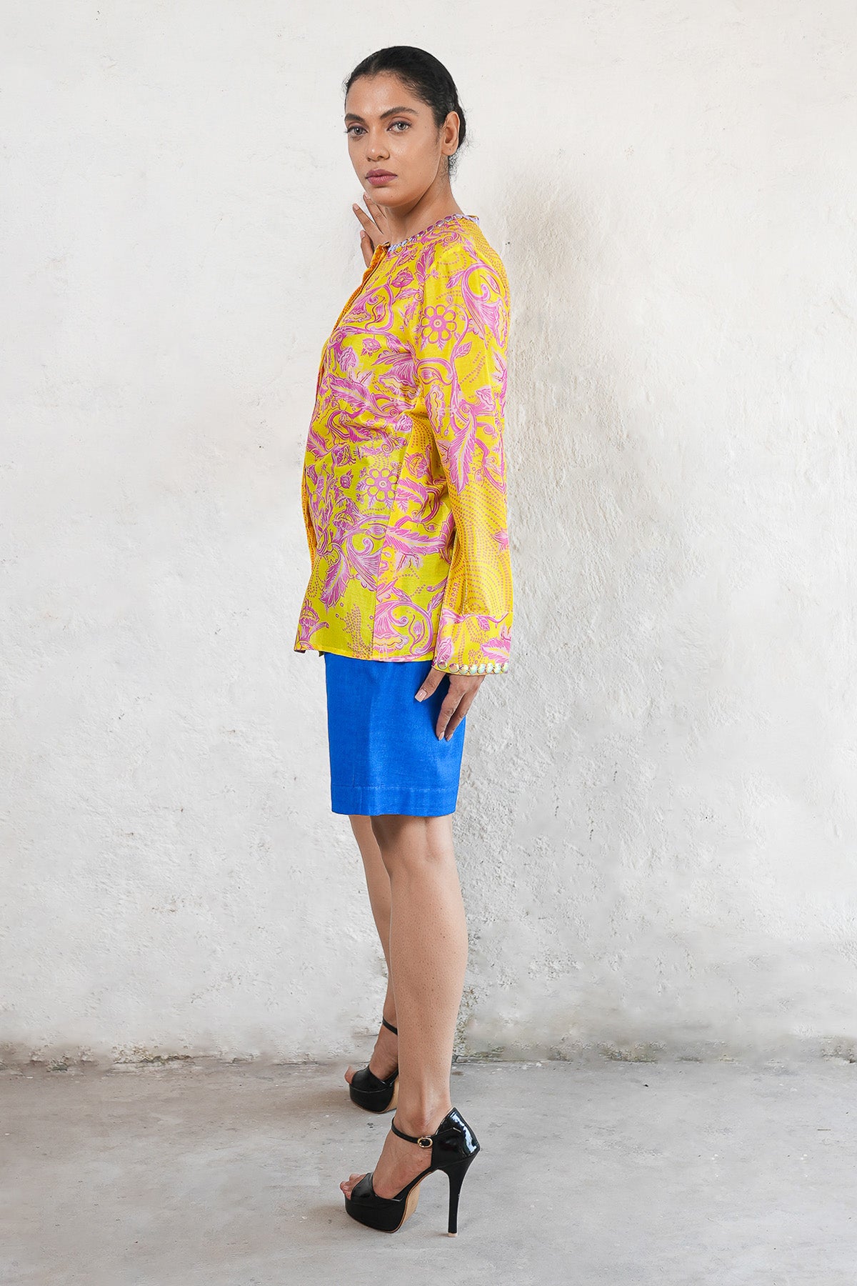Yellow Embroidered Printed Shirt