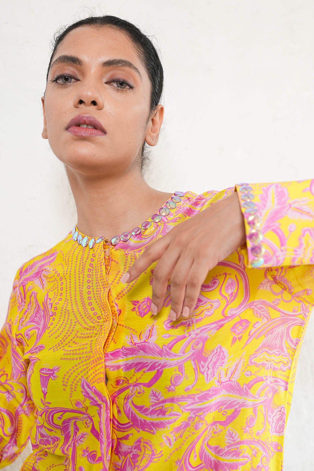 Yellow Embroidered Printed Shirt