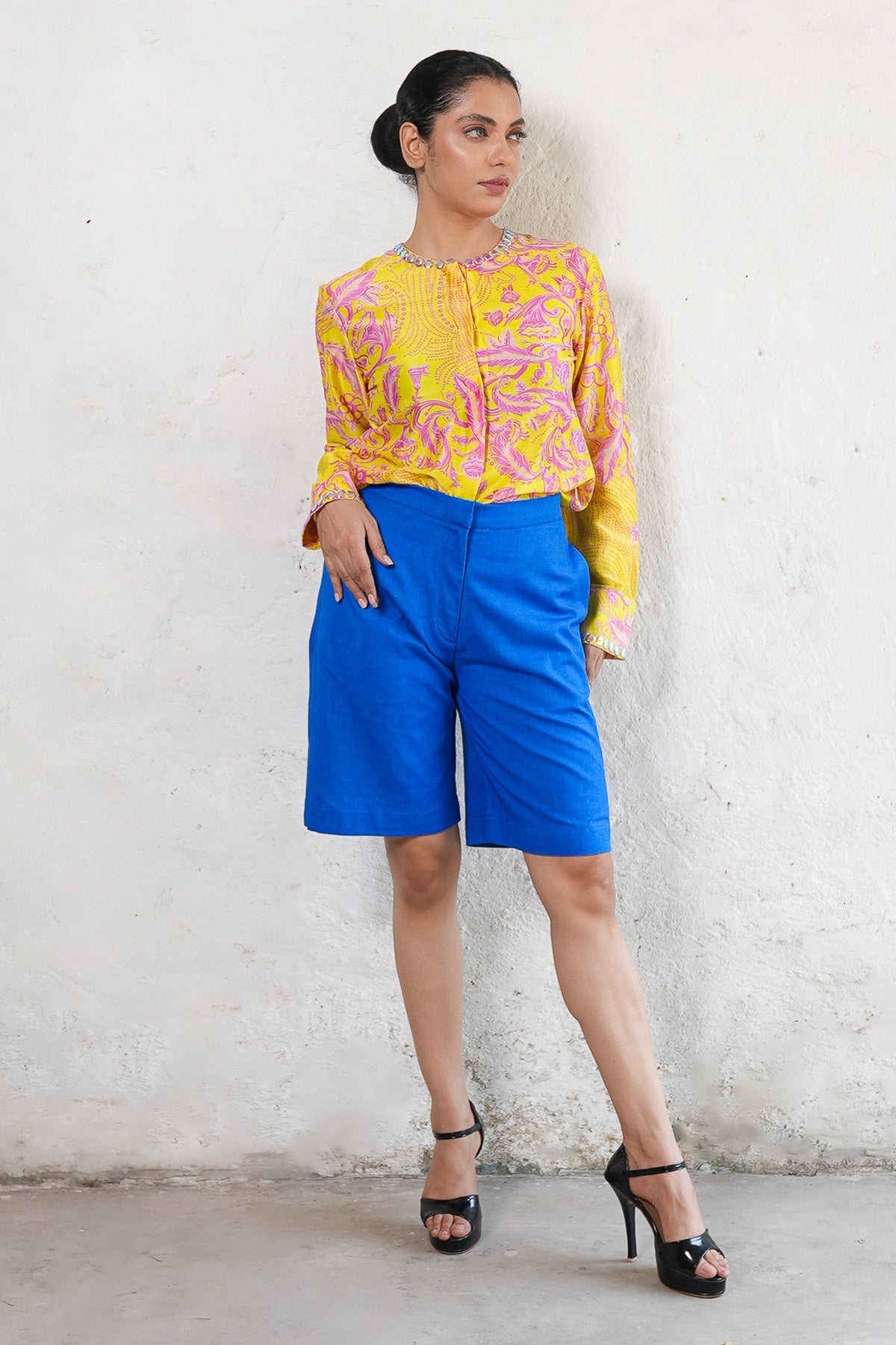 Yellow Embroidered Printed Shirt