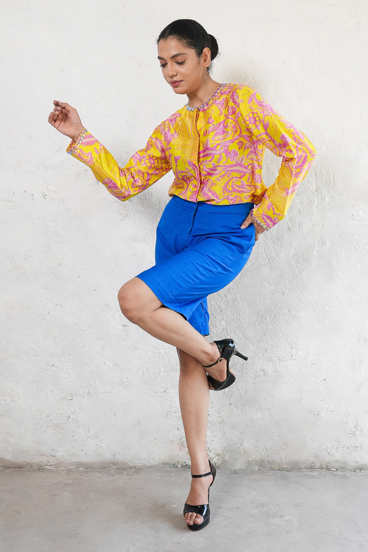 Yellow Embroidered Printed Shirt