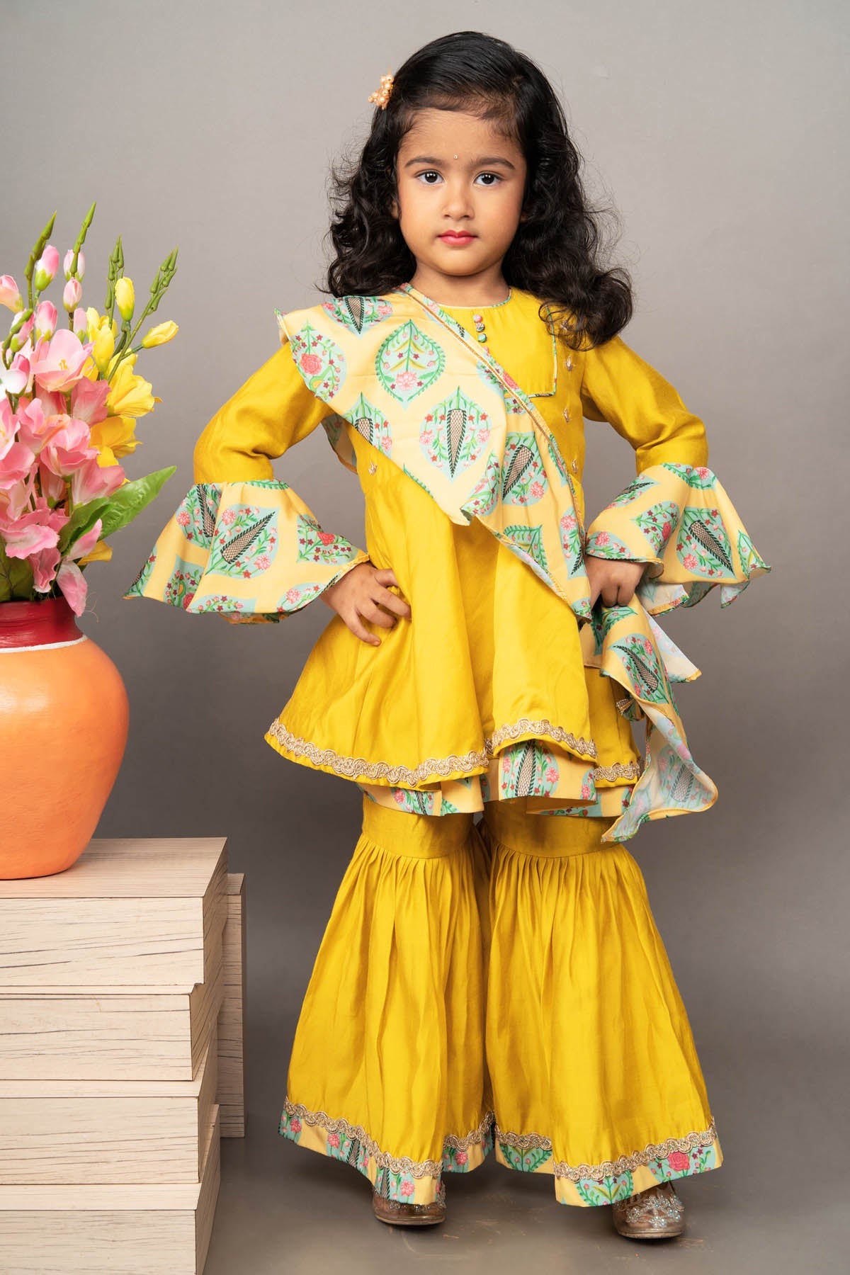 Little Brats Sunshine Soiree: Mustard Yellow Sharara Set kidswear at scrollnshops