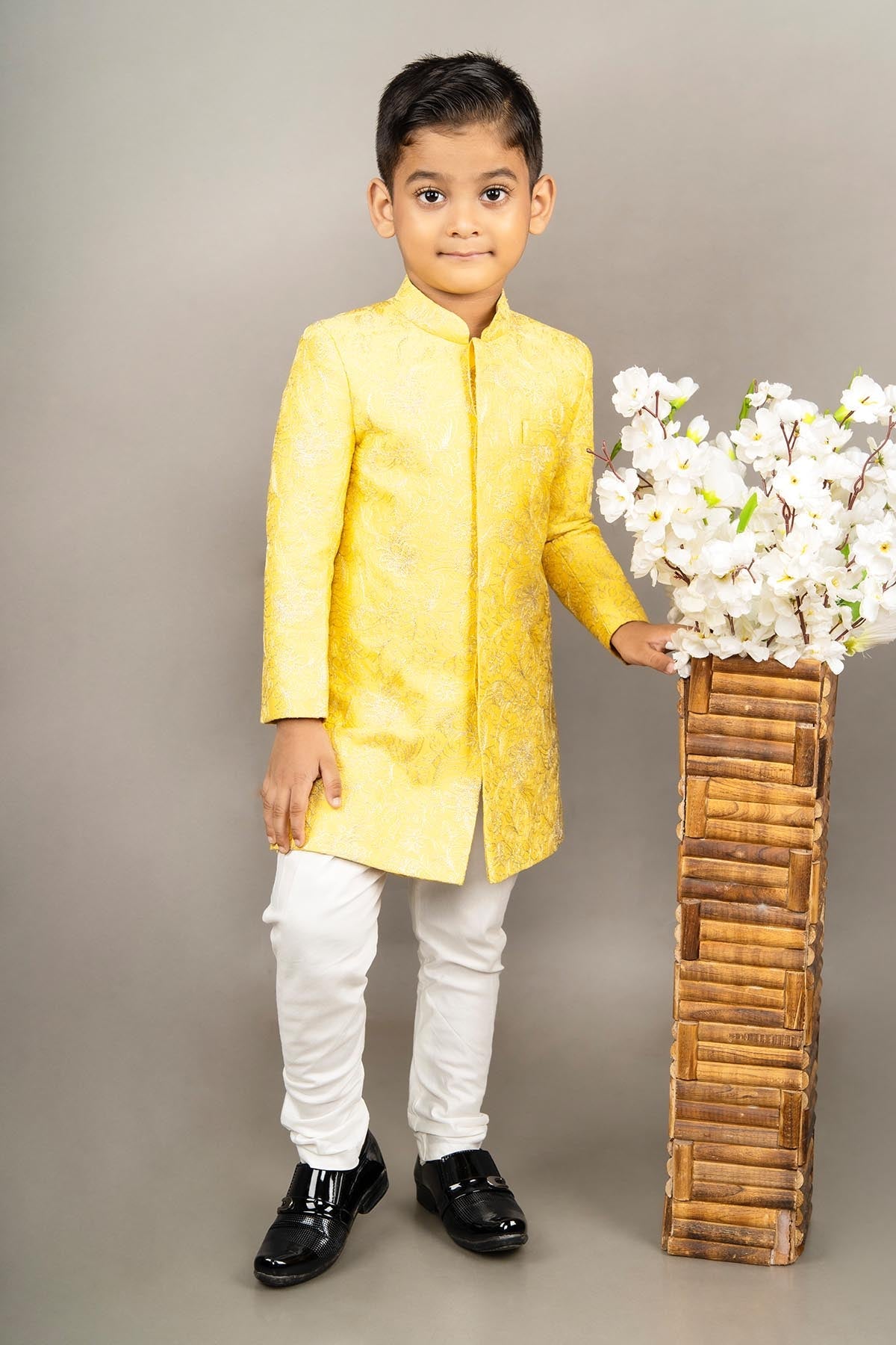 Buy Yellow Embroidered Sherwani Set by Little Brats for Boys online at ScrollnShops