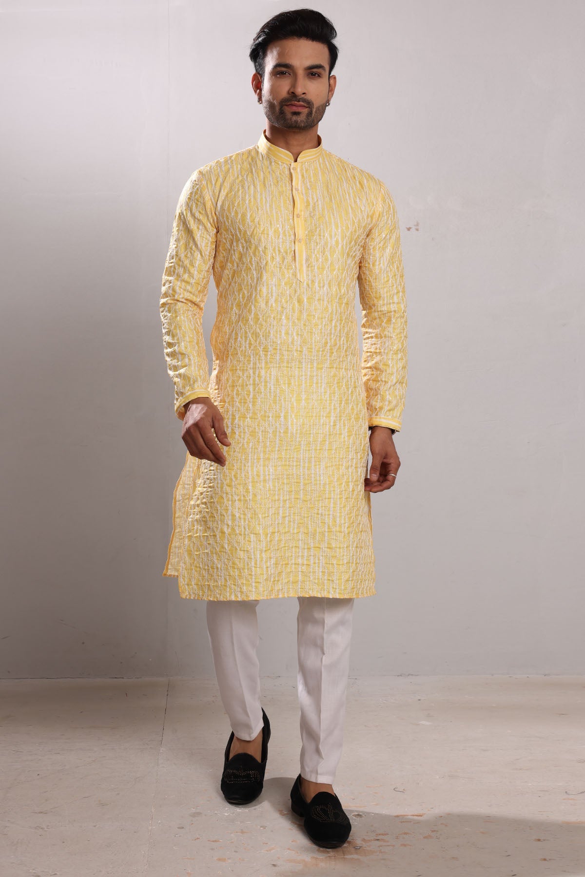 Buy Yellow Embroidered Silk Kurta by SNEHA B for men online at ScrollnShops