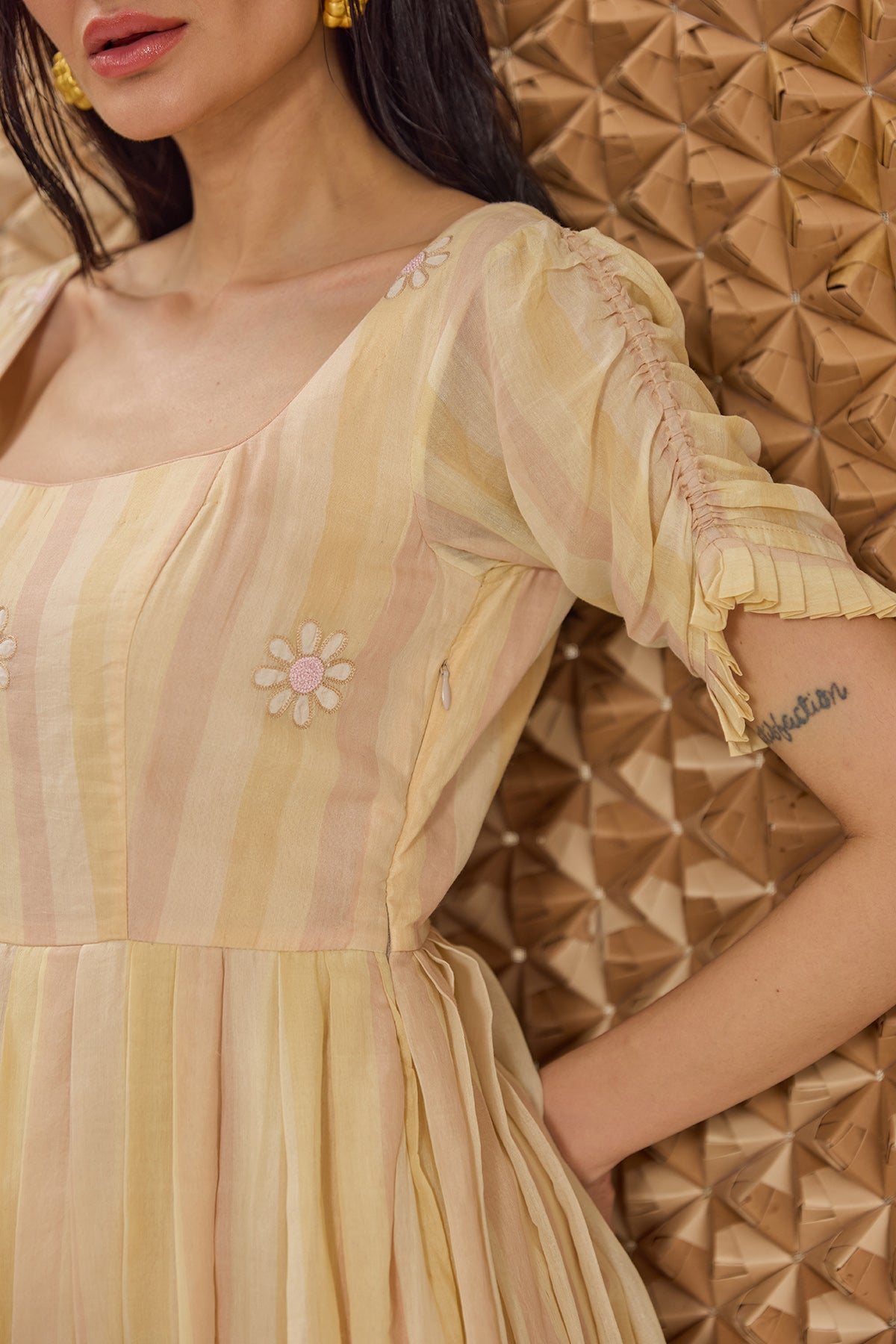 Yellow Embroidered Striped Dress