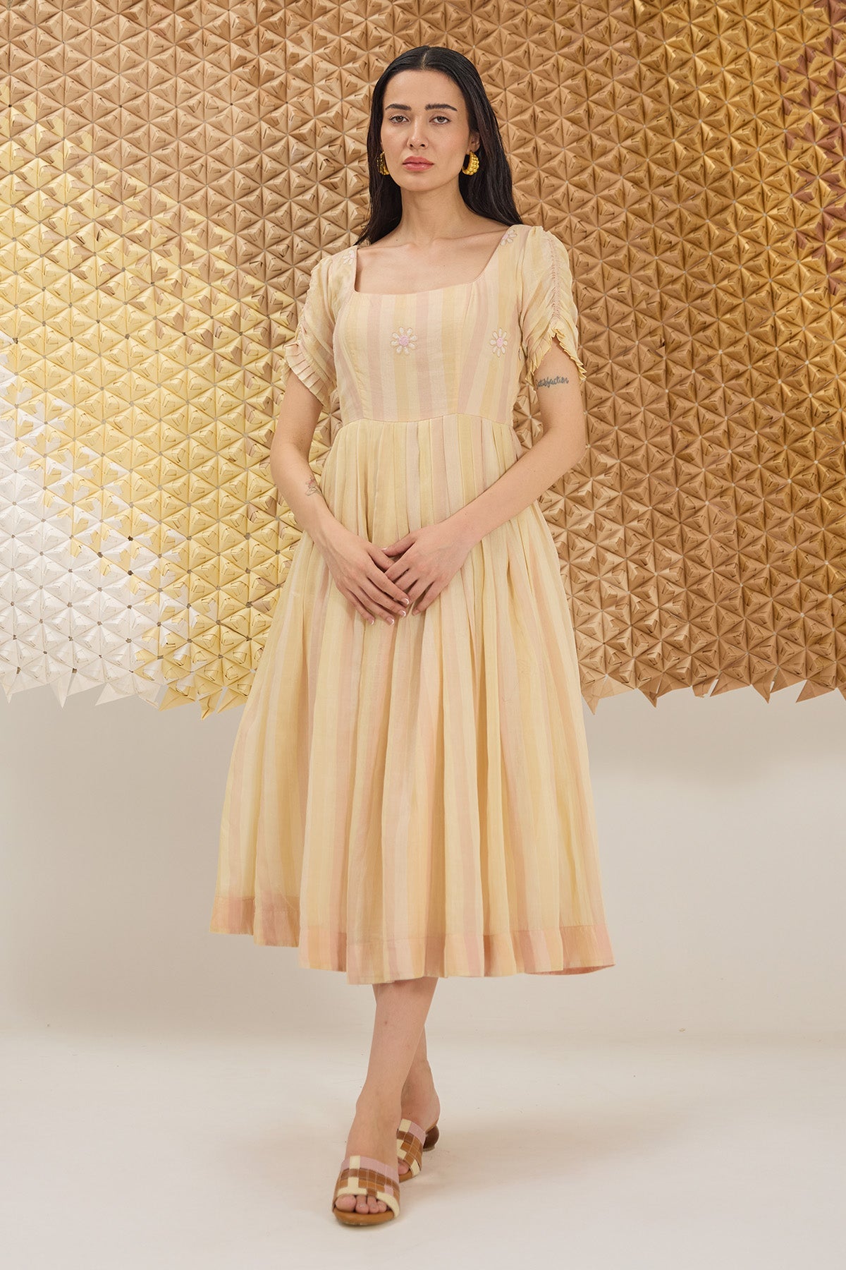 Buy Yellow Embroidered Striped Dress by The Loom Art for women online at ScrollnShops
