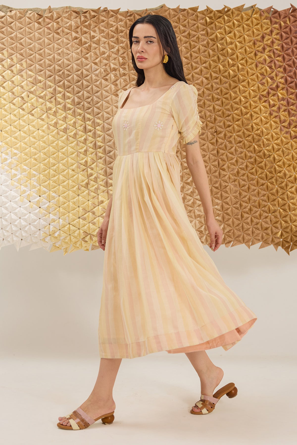 Yellow Embroidered Striped Dress