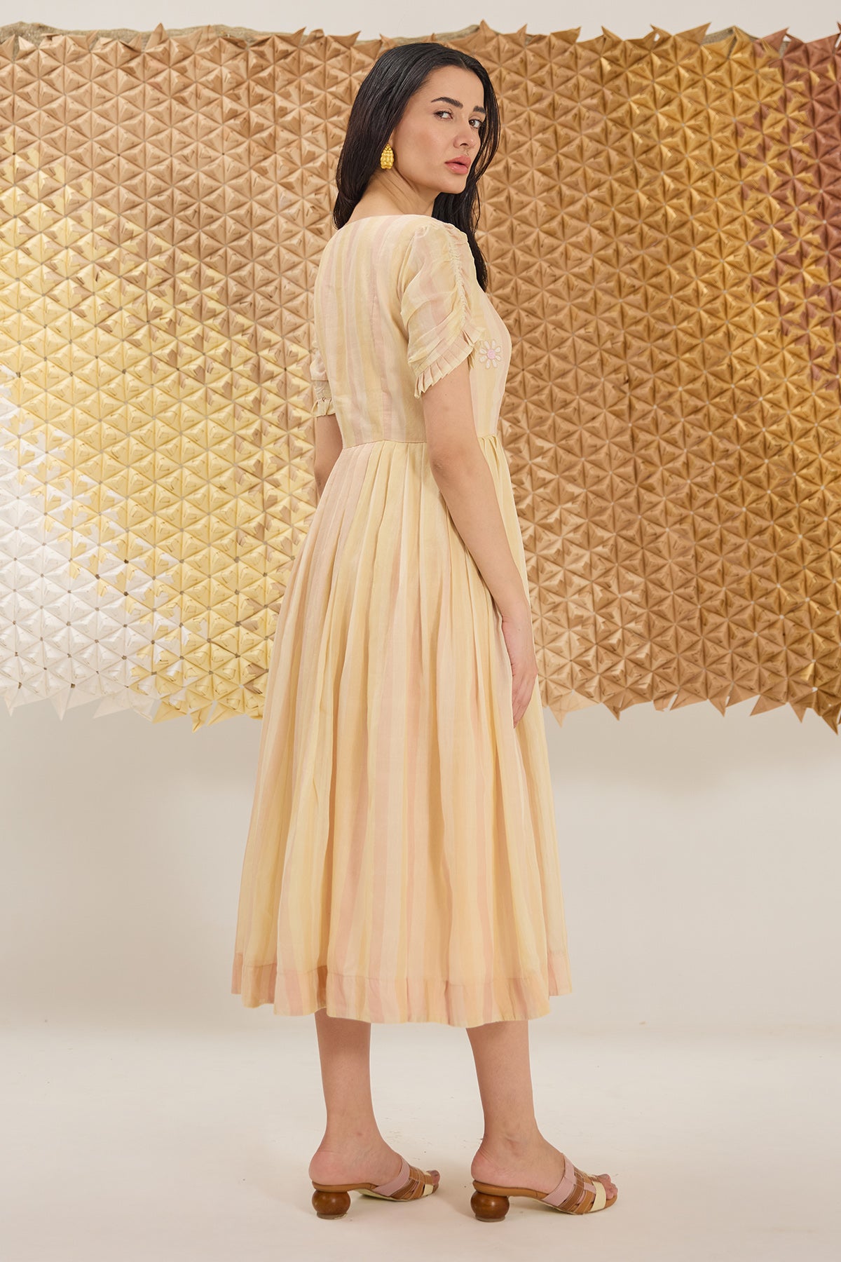 Yellow Embroidered Striped Dress