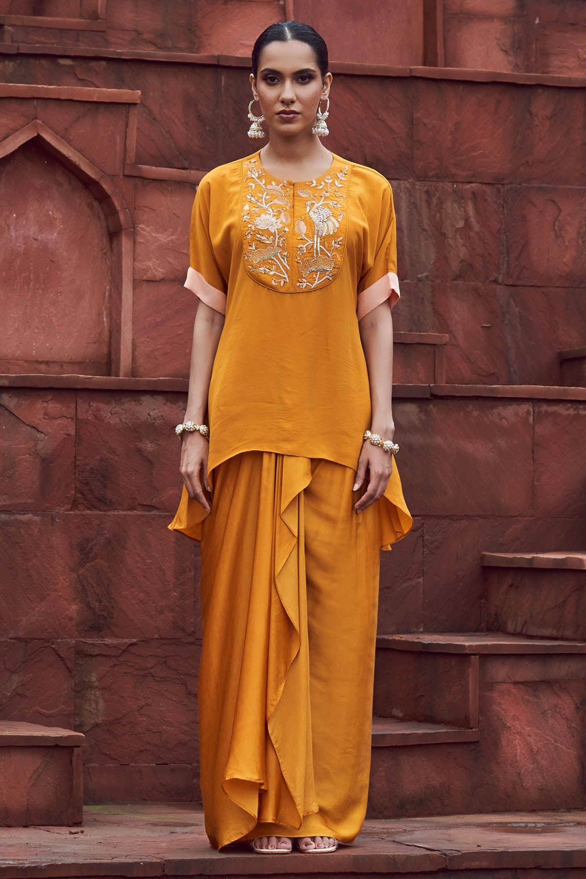 Megha Pitti Yellow Embroidered Top & Dhoti for women online at ScrollnShops