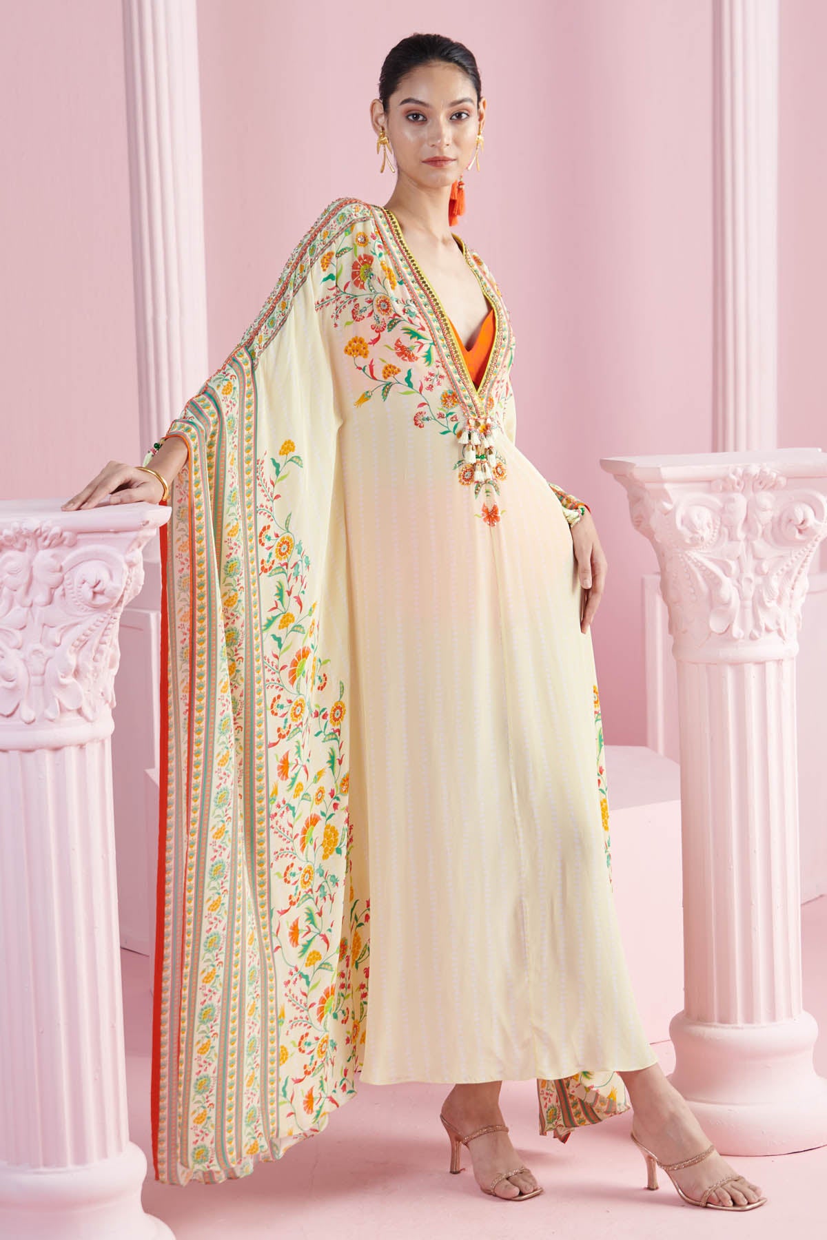 Buy Yellow Embroidered V-Neck Kaftan by Mandira Wirk
