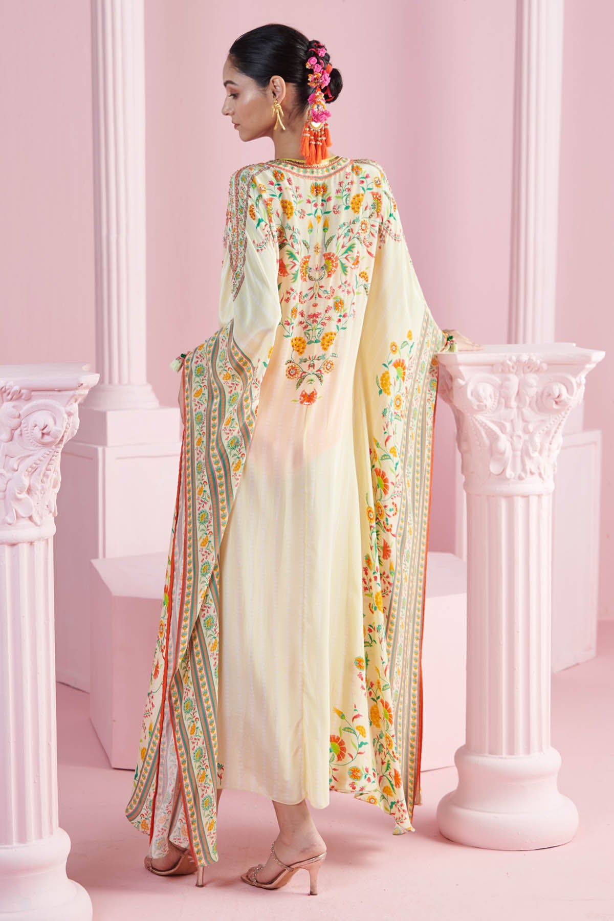 Yellow Embroidered V-Neck Kaftan