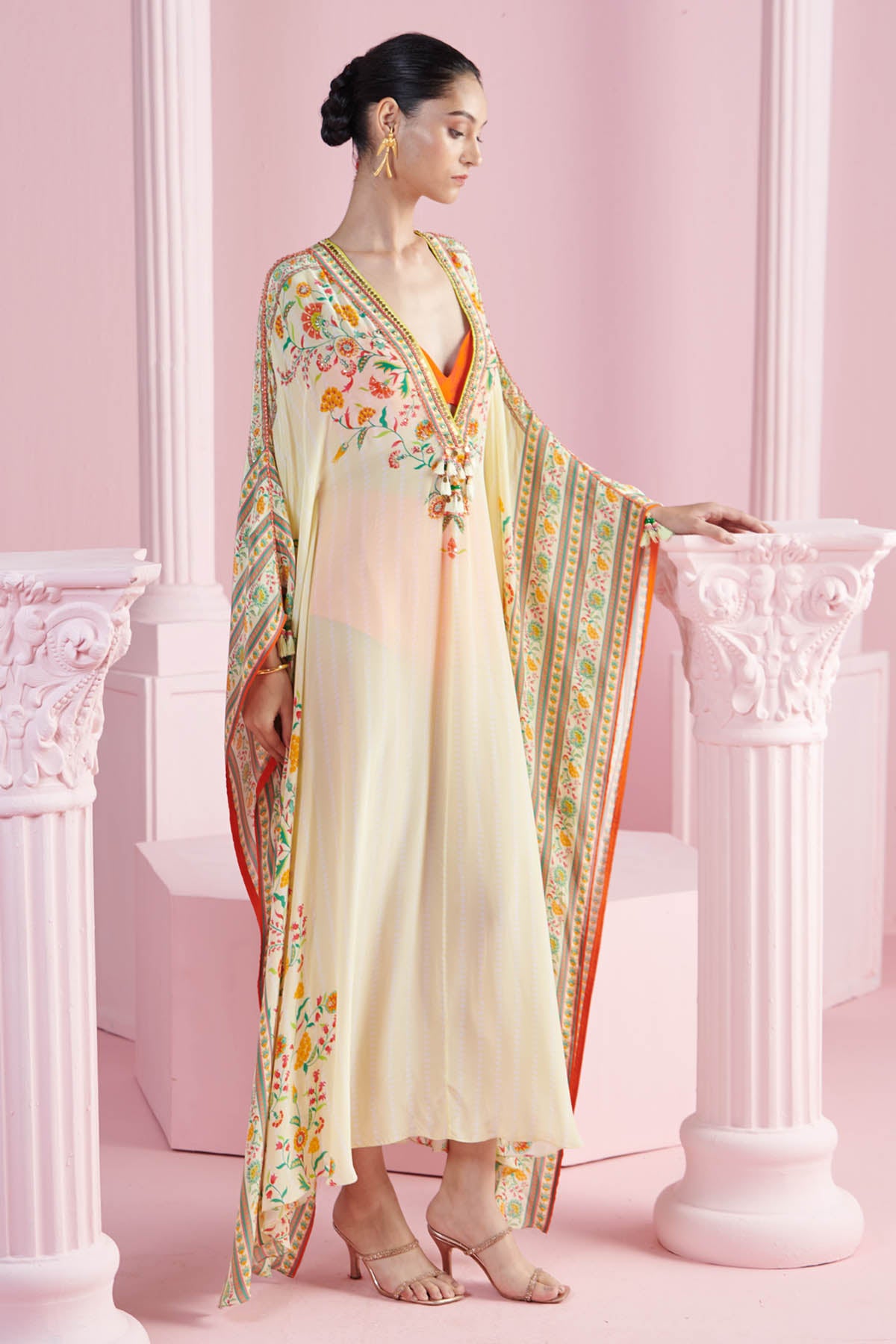 Yellow Embroidered V-Neck Kaftan