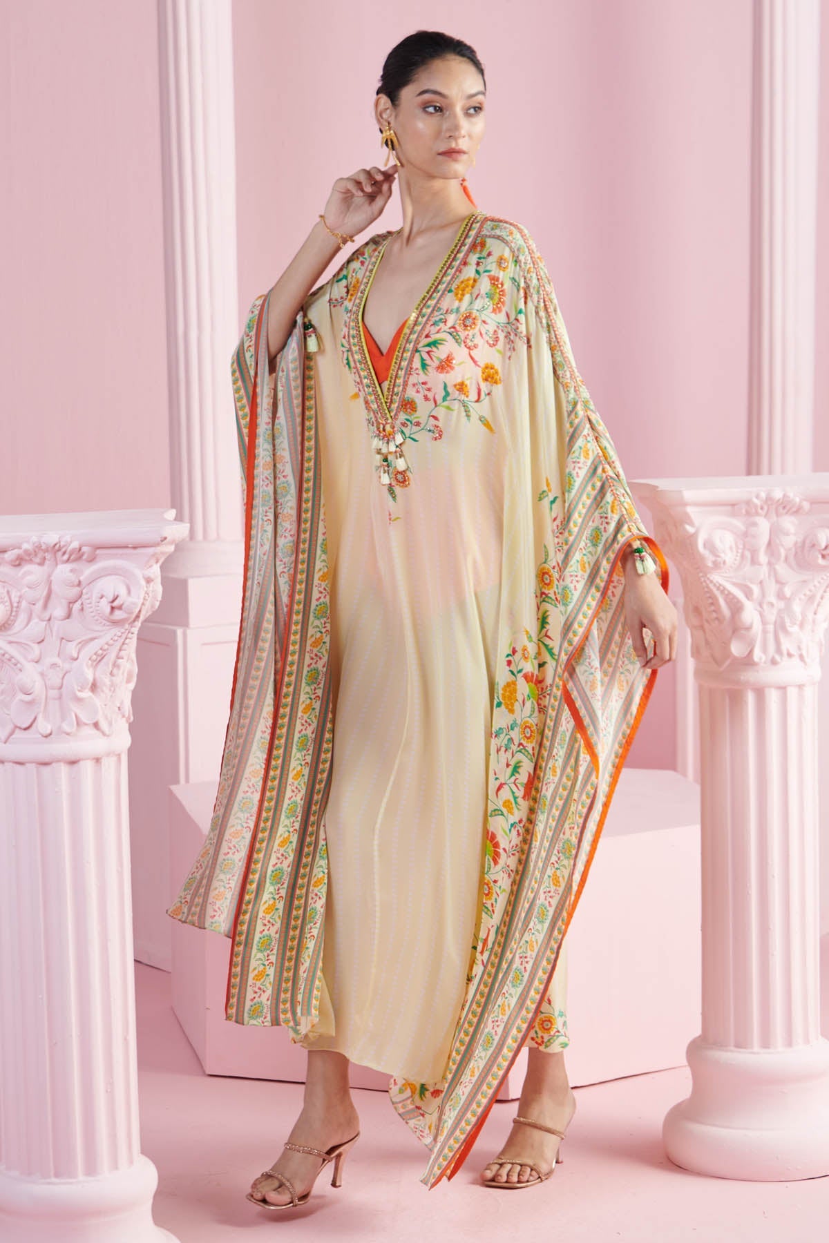 Mandira Wirk Yellow Embroidered V-Neck Kaftan for women online at ScrollnShops
