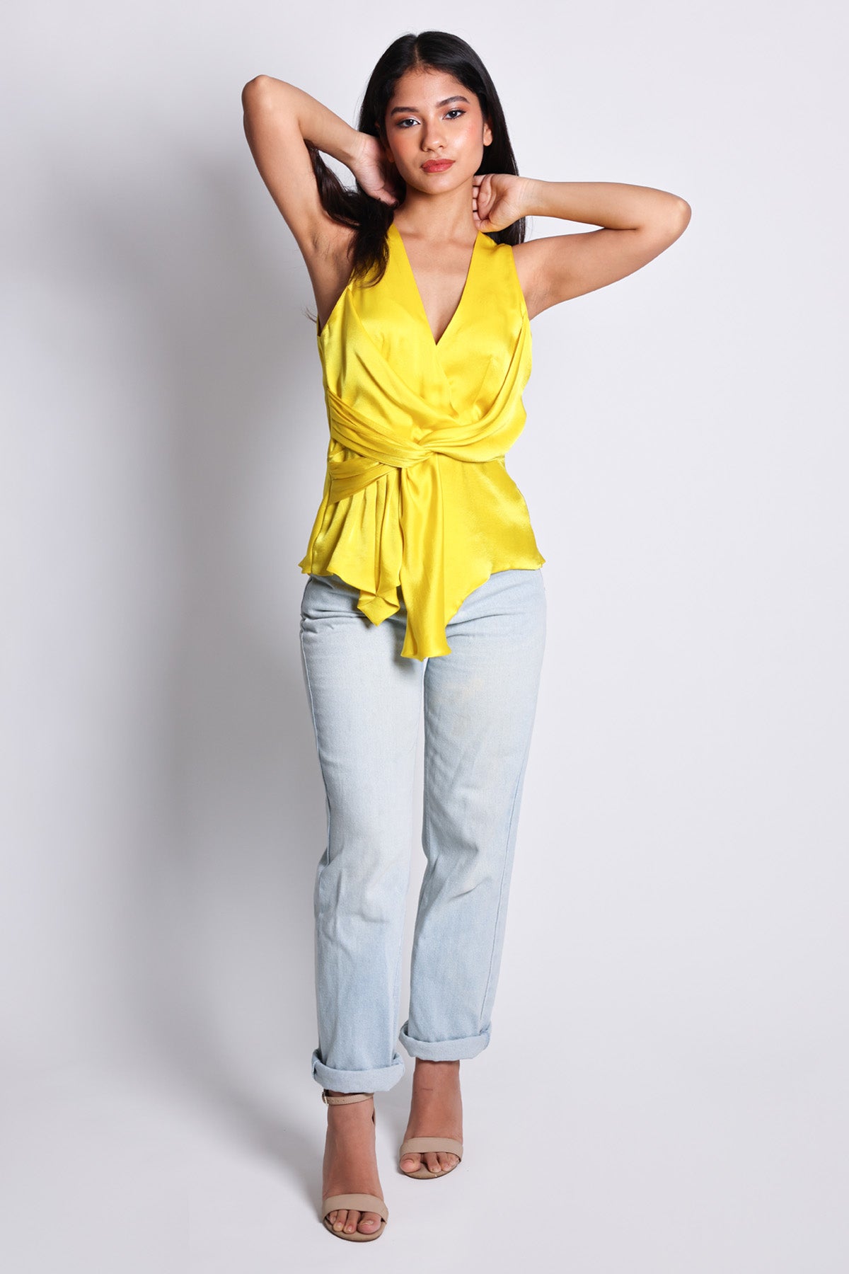 Buy Arya Giri Yellow Enwrap Sleeveless Top