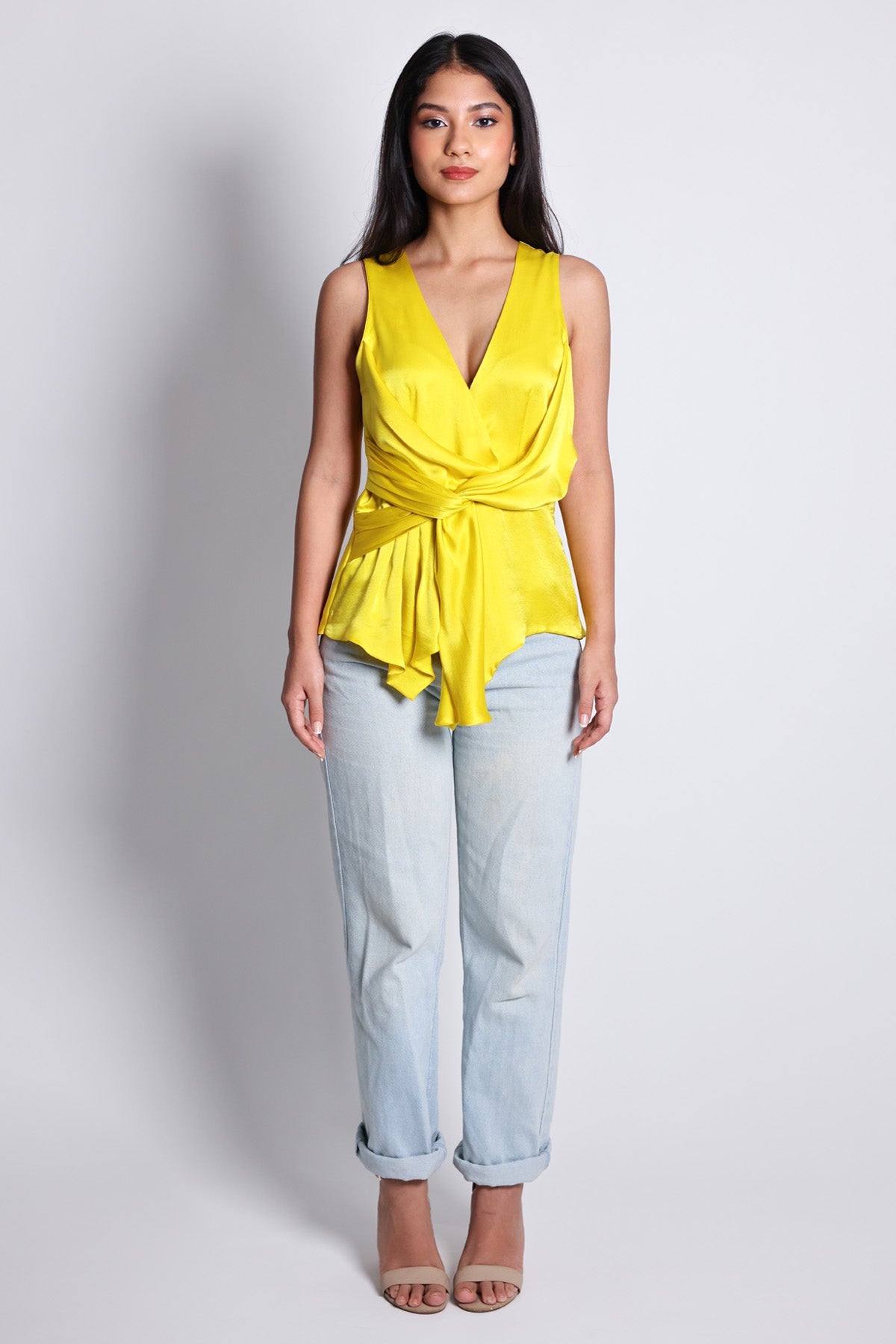 Arya Giri Yellow Enwrap Sleeveless Top for women online at ScrollnShops