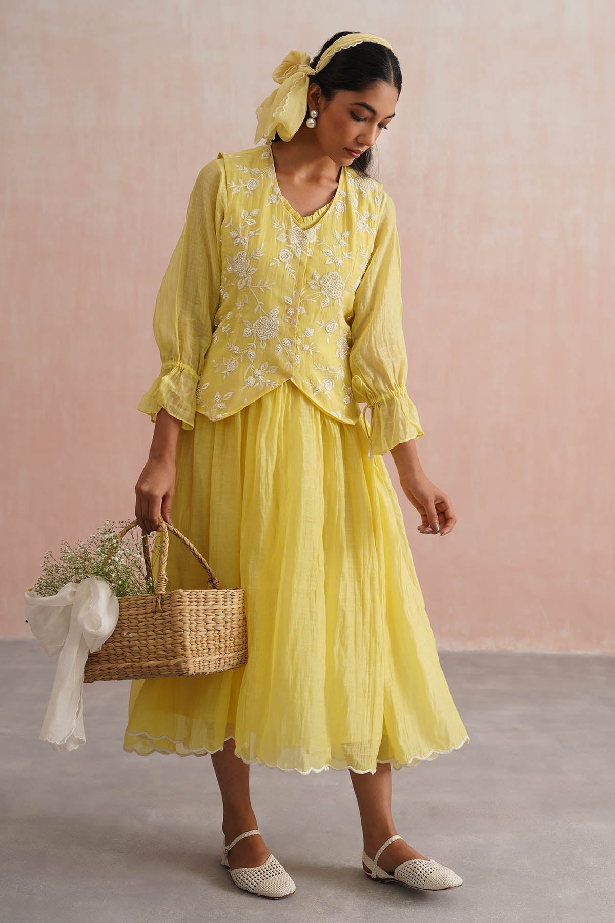 Buy Yellow Flared Dress & Waistcoat for women online available at Scrollnshops 