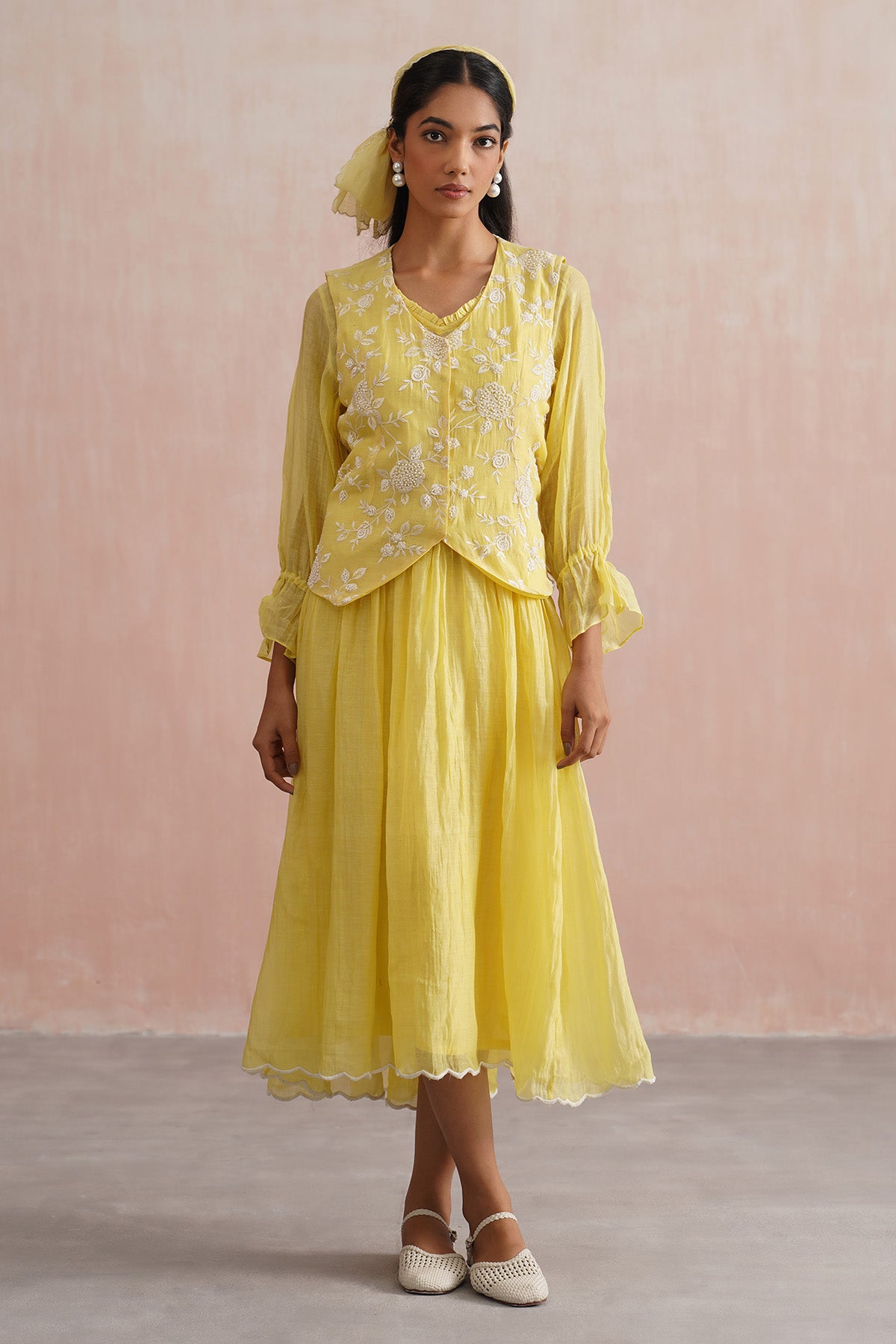 Yellow Flared Dress & Waistcoat