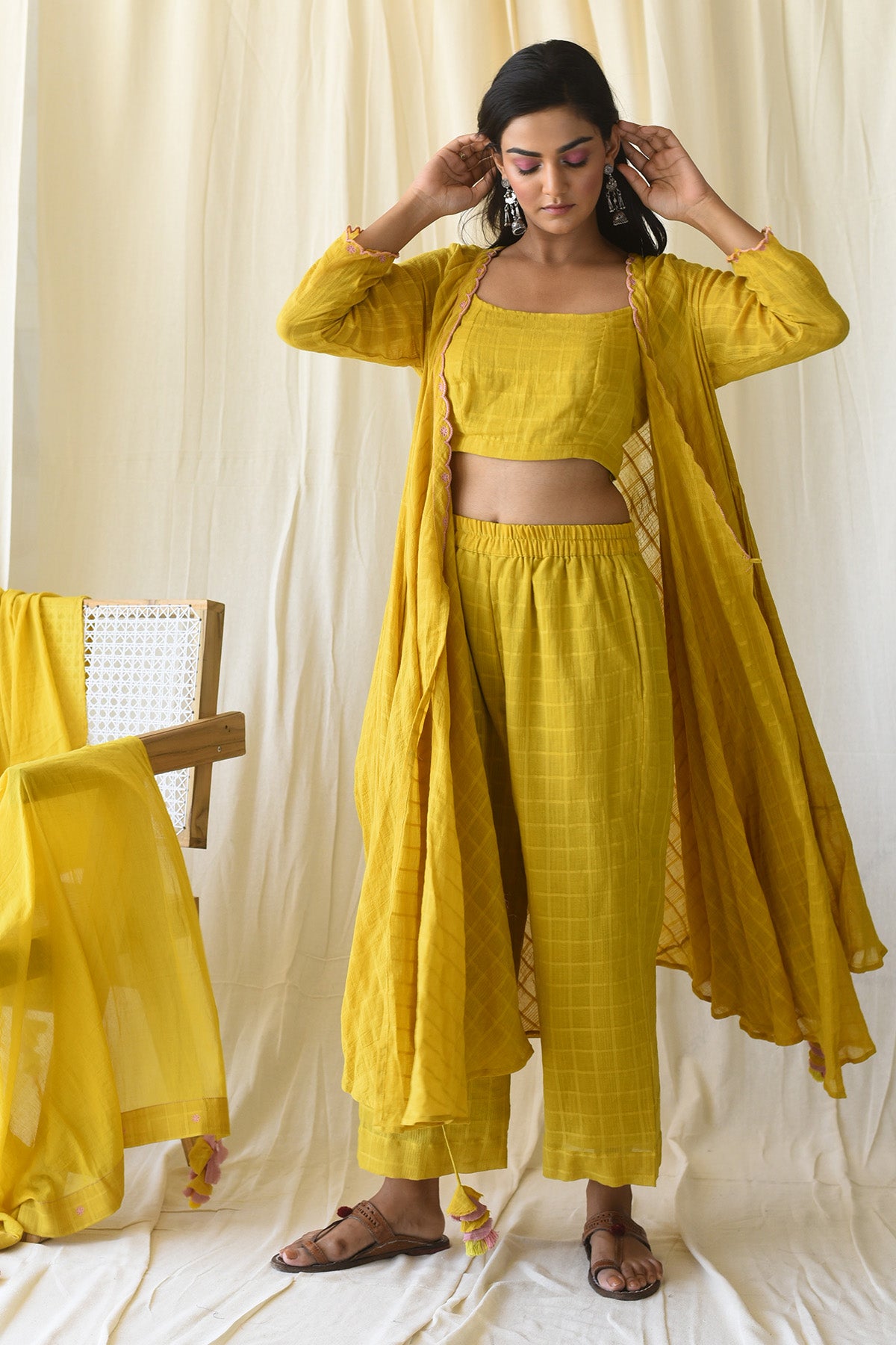 Yellow Floral Angrakha Kurta Set