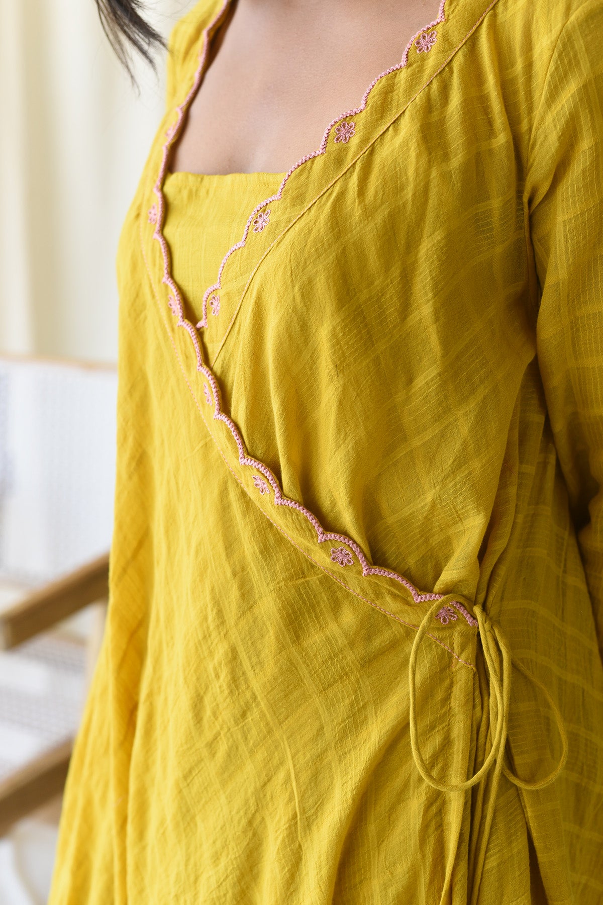 Yellow Floral Angrakha Kurta Set