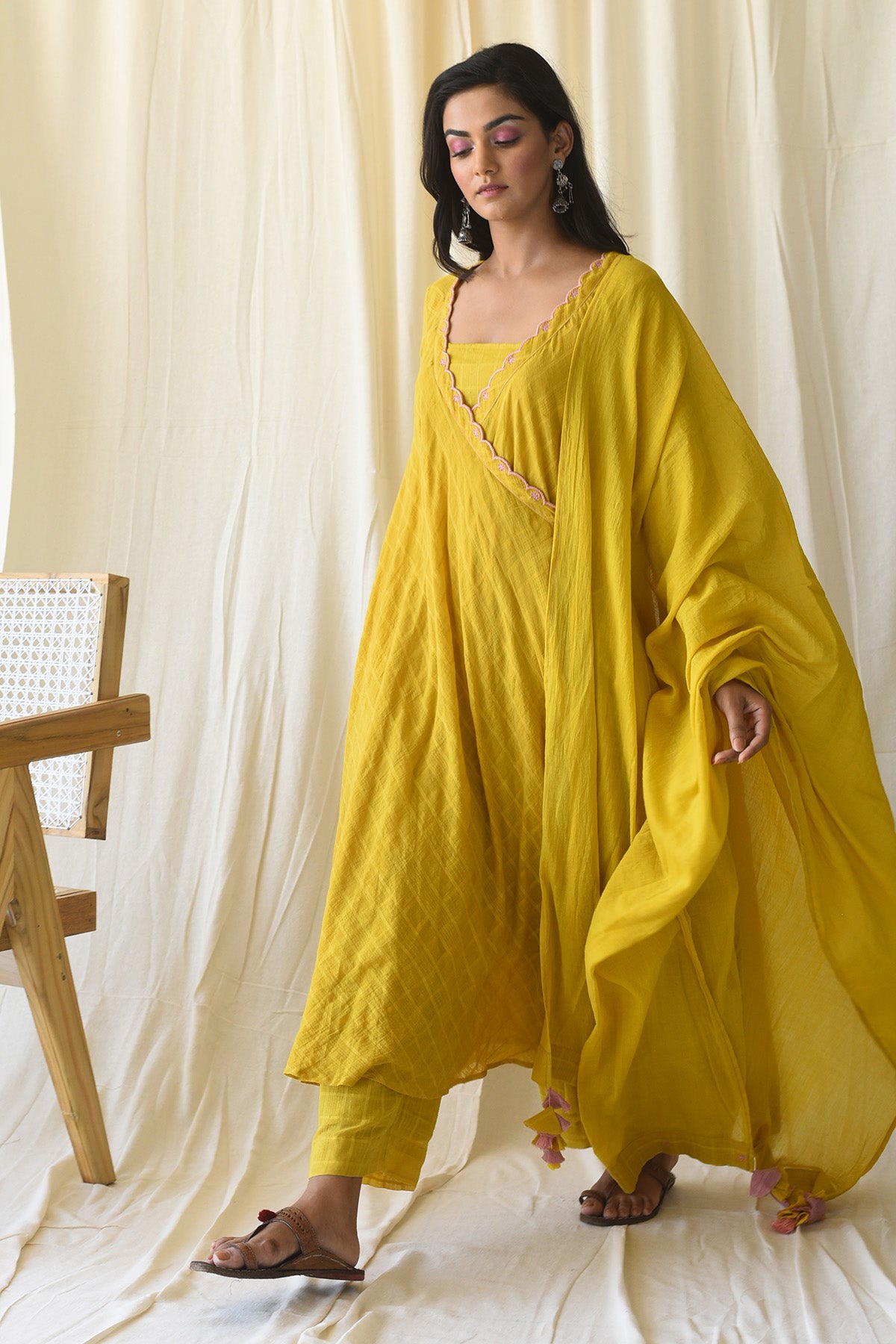 Yellow Floral Angrakha Kurta Set