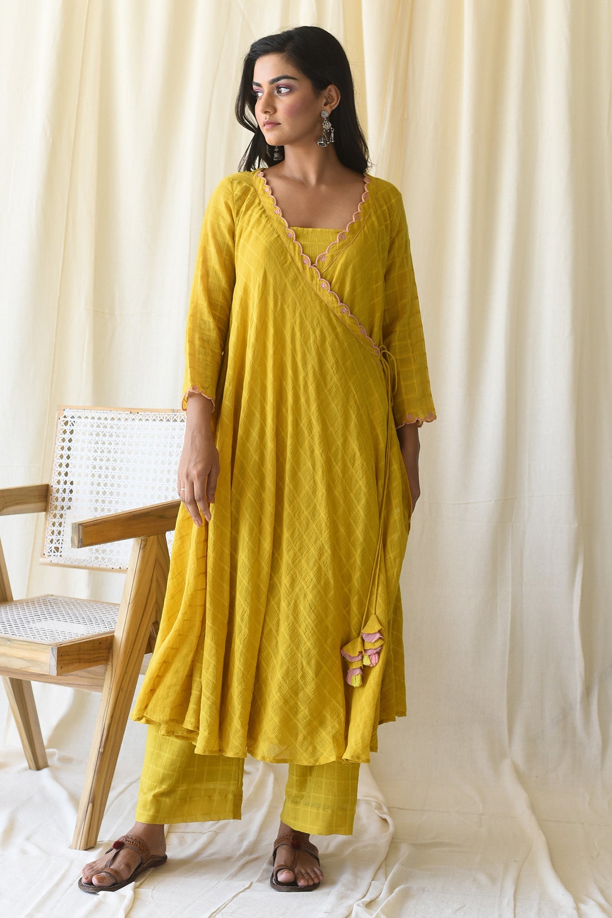 Buy Yellow Floral Angrakha Kurta Set by Taro India for Women online at ScrollnShops