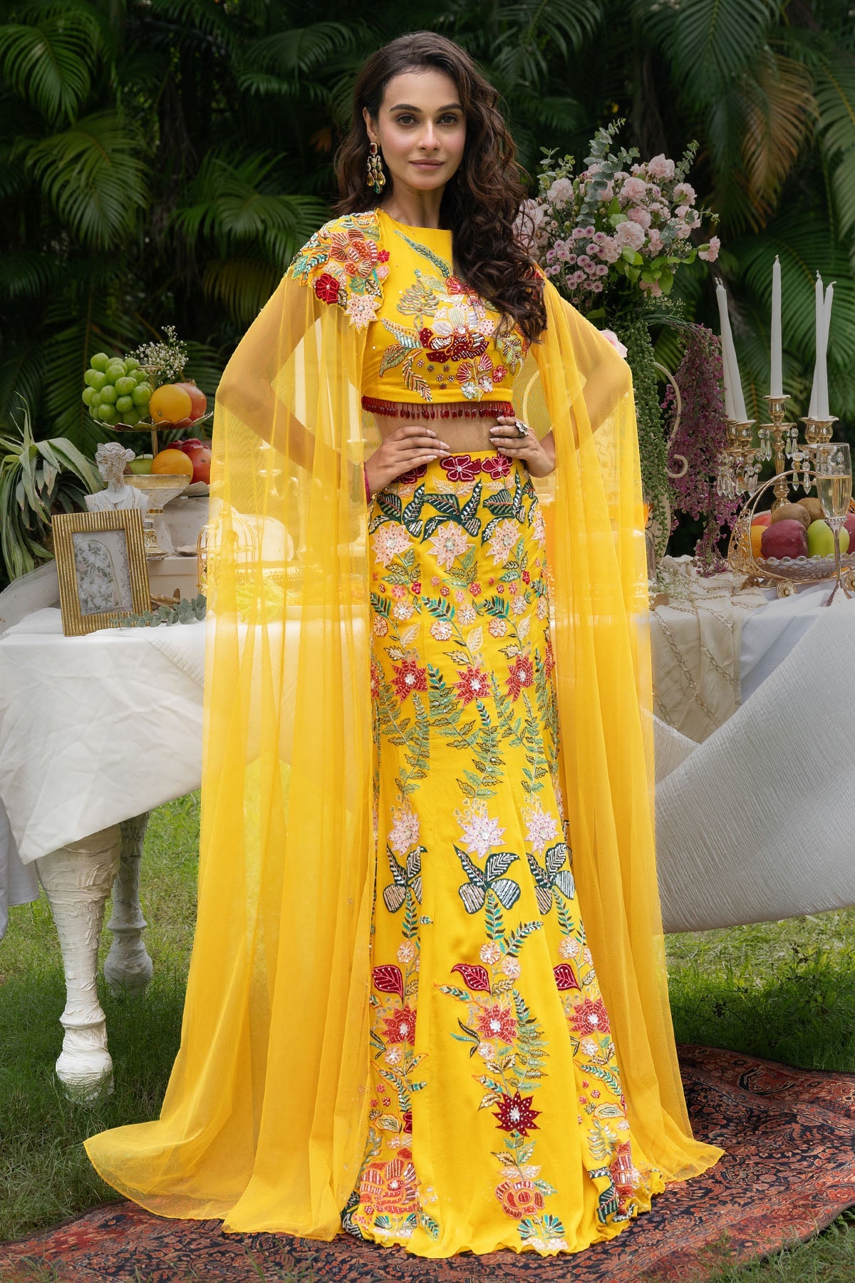 Buy Yellow Floral Cape Lehenga Set for women by Paarsh Atelier online available at scrollnshops