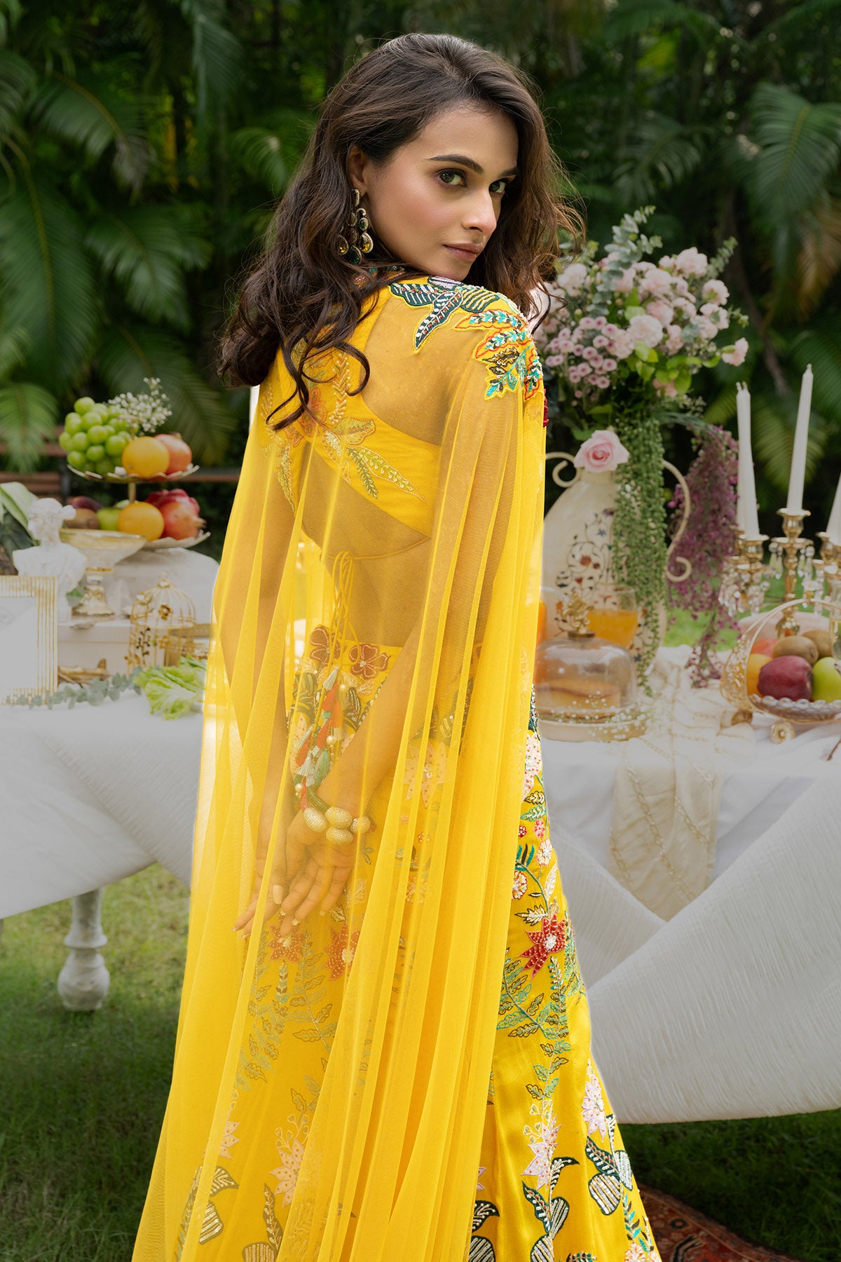 Yellow Floral Cape Lehenga Set